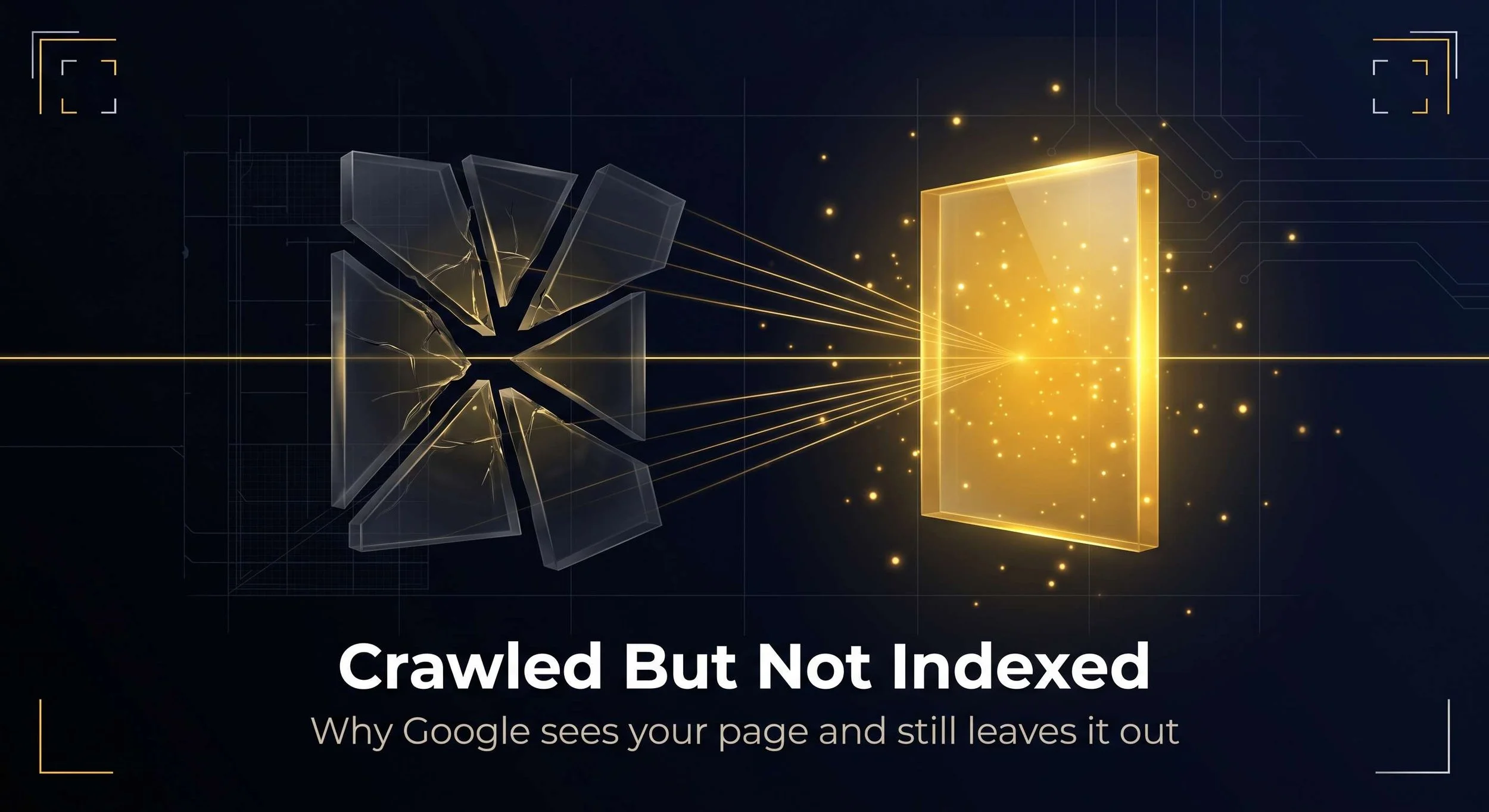 Fractured dark glass panel resolving into a single solid gold-lit glass panel on a dark navy background, illustrating a page that has been crawled but not indexed transitioning into one that has been fully indexed by Google.
