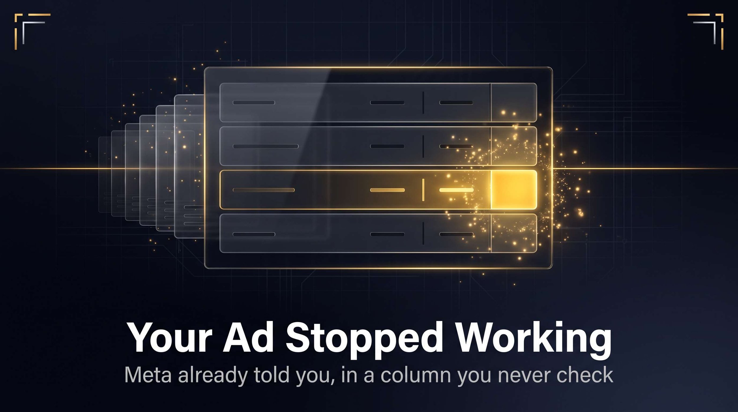 A glass dashboard panel on a dark navy background with one status cell glowing gold beside a stack of repeated faded ad cards, showing the Delivery column flagging Meta ad creative fatigue.
