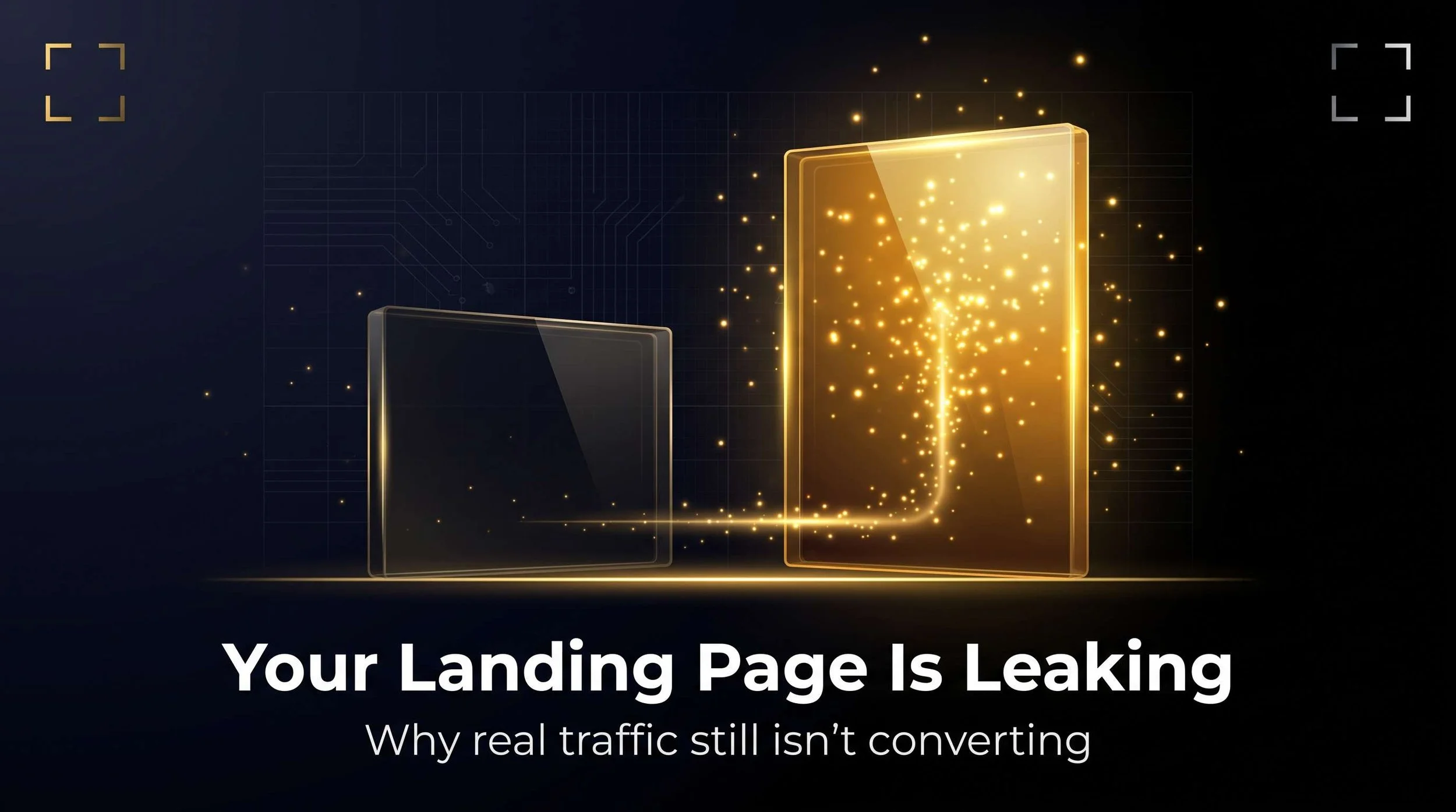 A short, dim glass panel connected by a rising gold light trail to a taller, brightly glowing glass panel on a dark navy background, illustrating the same traffic converting instead of leaking once landing page friction is fixed.