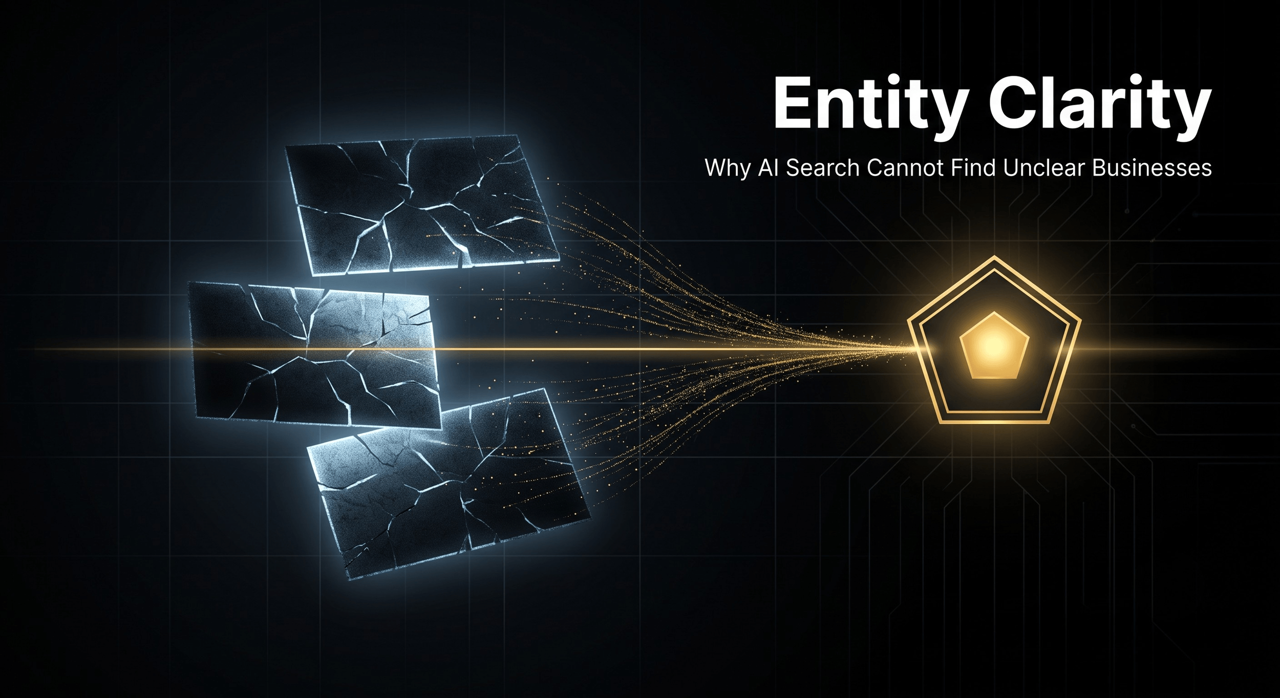 Fragmented business identity signals consolidating into a single unified entity node, illustrating why AI search cannot find unclear businesses — ThriveX Entity Clarity blog