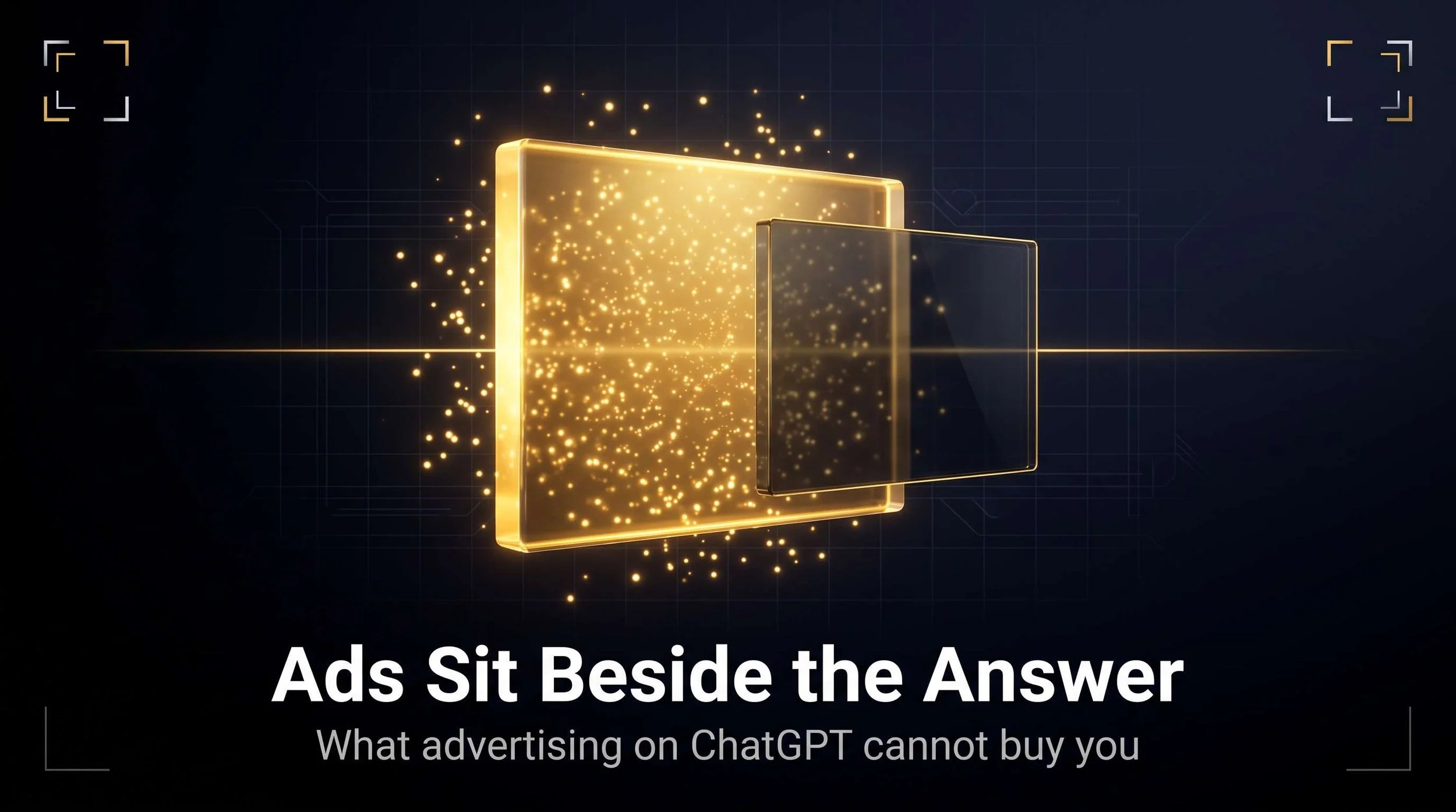 A bright gold glass panel beside a smaller dark unlit panel on a dark navy background, showing that a ChatGPT ad sits separate from the AI answer, not inside it.