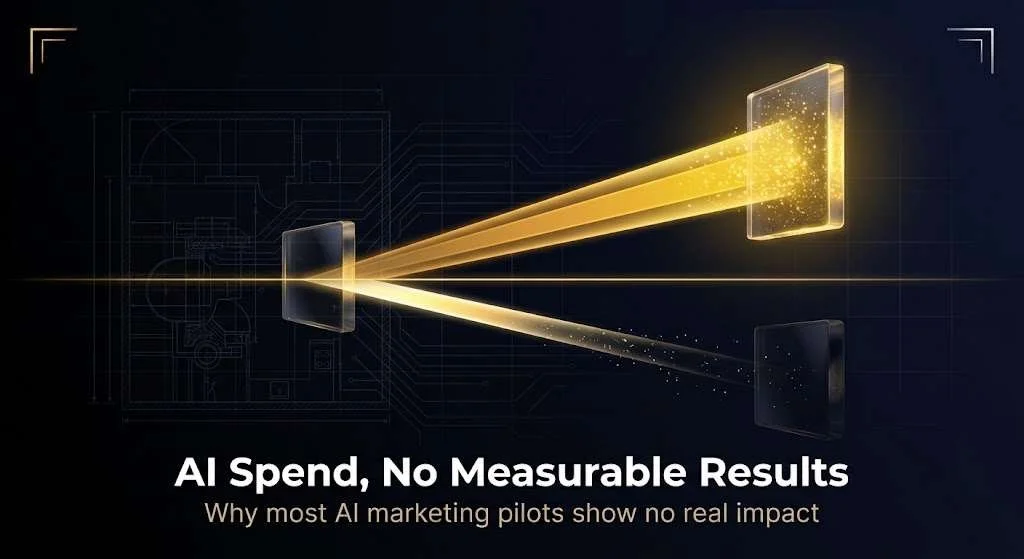 Two light beams diverging from a single point on a dark navy background, one staying thick and gold representing AI marketing budget, the other thinning into scattered faint particles representing spend that produces no measurable result.