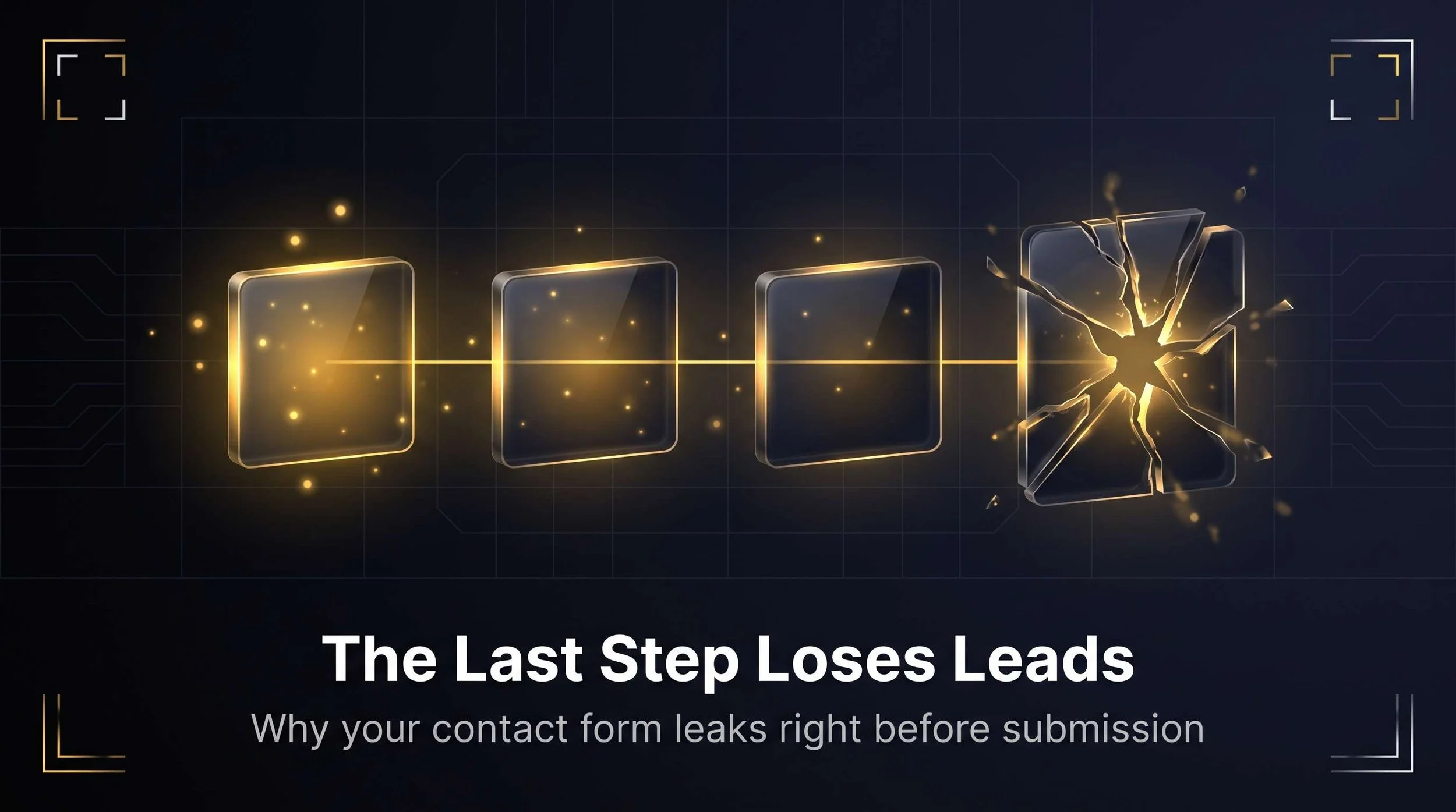 A row of four glass panels on a dark navy background, three solid and steadily gold-lit, with the fourth and final panel cracked and leaking light, illustrating a form process that loses the visitor at the very last step.