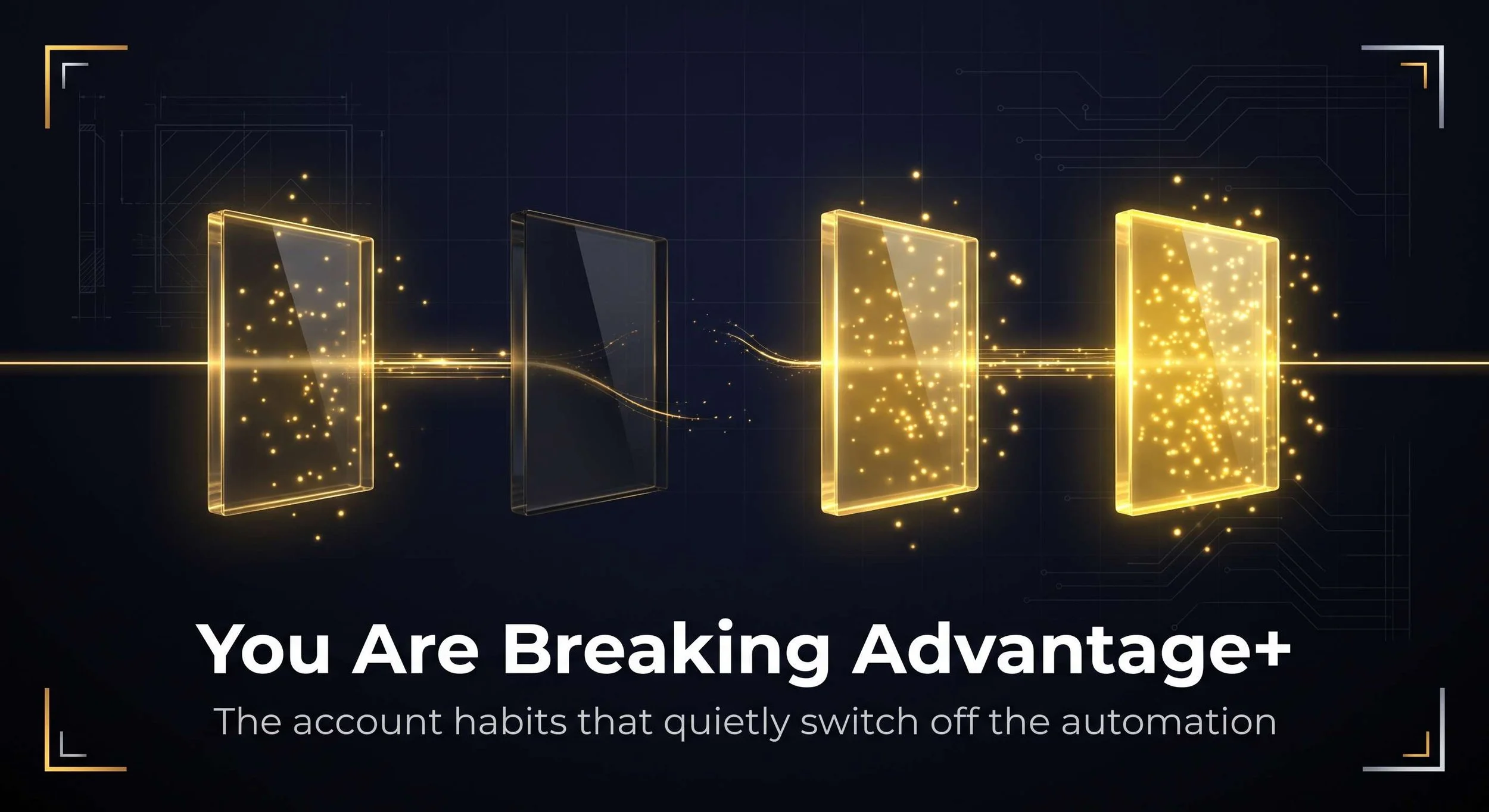 Four connected glass panels on a dark navy background with gold light flowing between them, one panel darkened with its connections severed, showing how pausing an Advantage+ ad set concentrates budget.