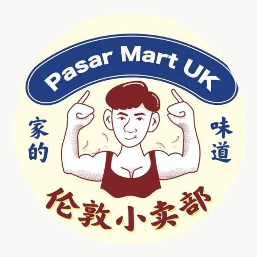 Logo for Pasar Mart UK featuring an animated woman flexing her biceps, with Chinese characters and the store name above.