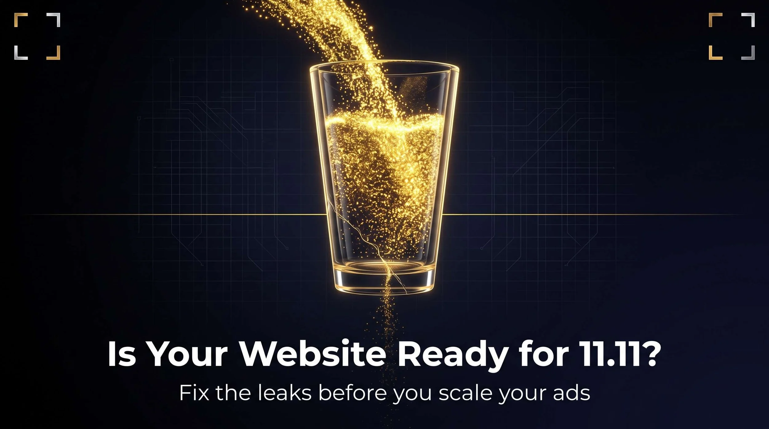 A stream of gold light pouring into a glass vessel that leaks at its base, showing how a website not ready for 11.11 loses sale traffic.