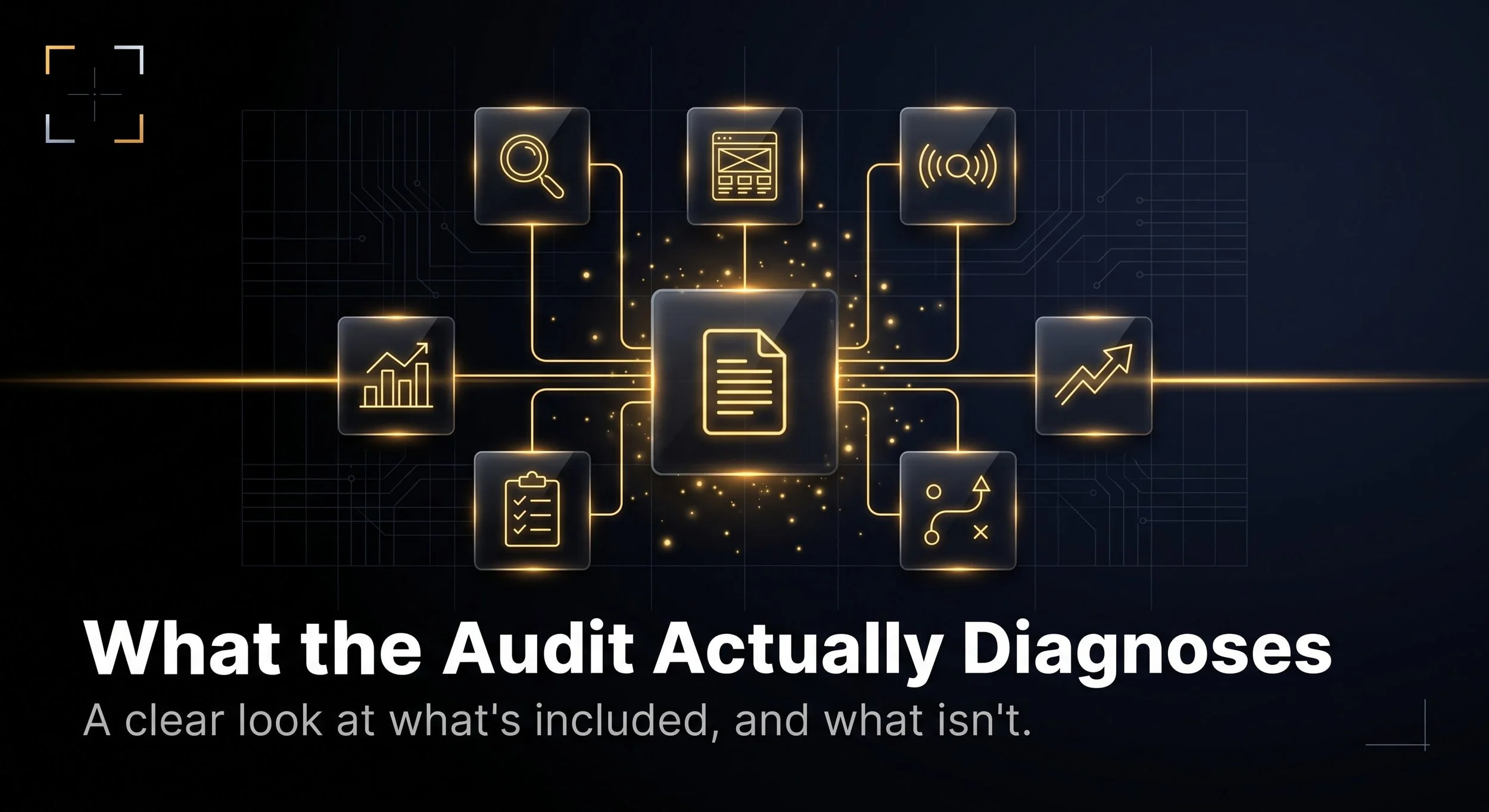 Seven diagnostic components converging into one audit report, illustrating the ThriveX AI Audit's defined scope.