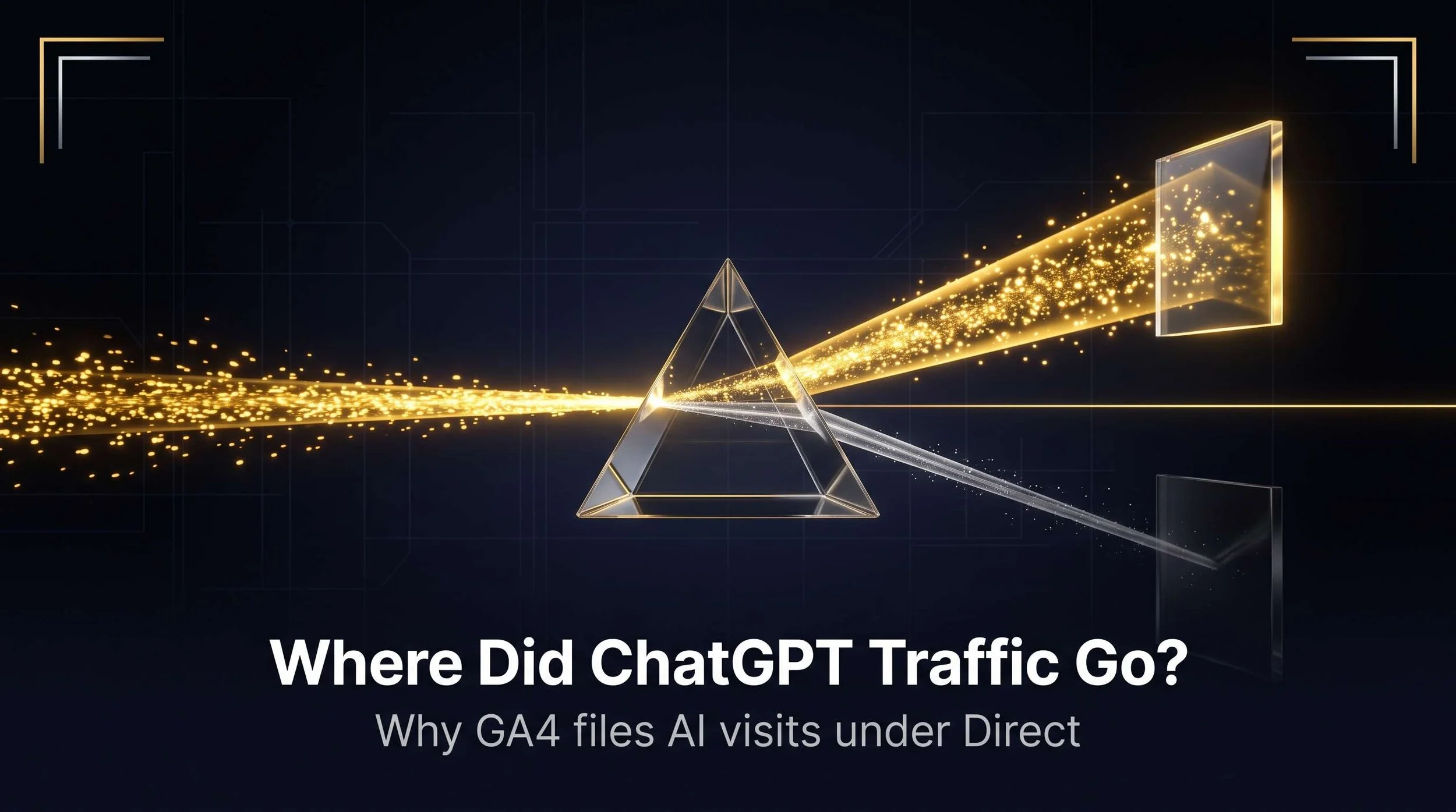 A gold light stream splitting through a glass prism into a bright tracked beam and a faint untracked beam, showing why ChatGPT traffic shows as Direct in GA4.