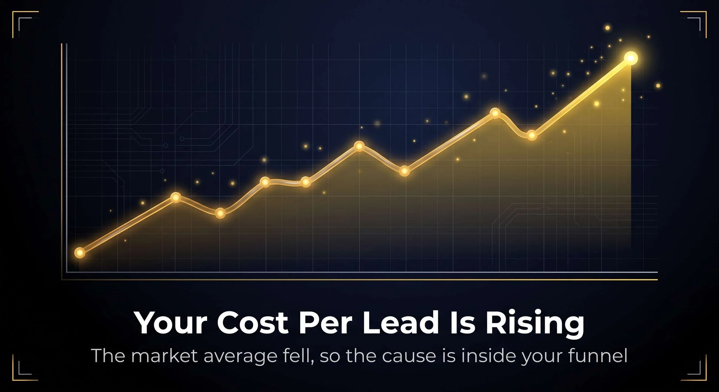 A glowing gold line graph rising steadily from lower left to upper right on a dark navy grid background, illustrating a cost per lead that keeps climbing.