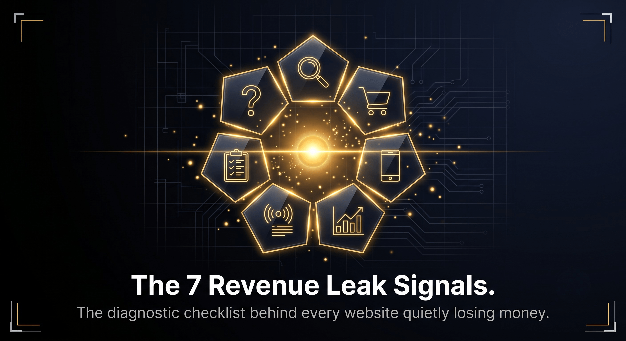 Seven glowing signal icons ringed around a diagnostic core, representing the structural causes of website revenue leakage