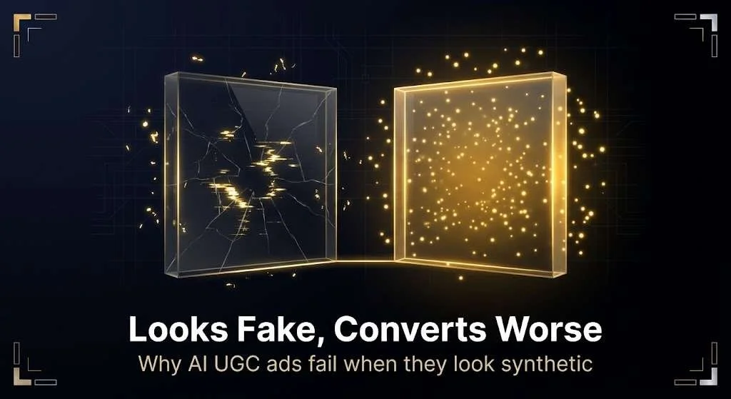 Two glass panels side by side on a dark navy background, one fractured with unstable flickering light representing an ad that reads as artificial, the other solid and steadily glowing representing an ad that reads as authentic.