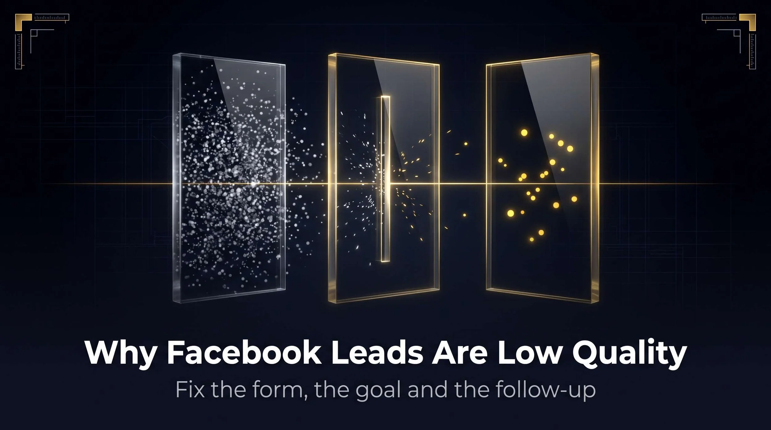 Three glass panels filtering a crowd of dim particles down to a few bright gold ones, showing why Facebook leads are low quality.