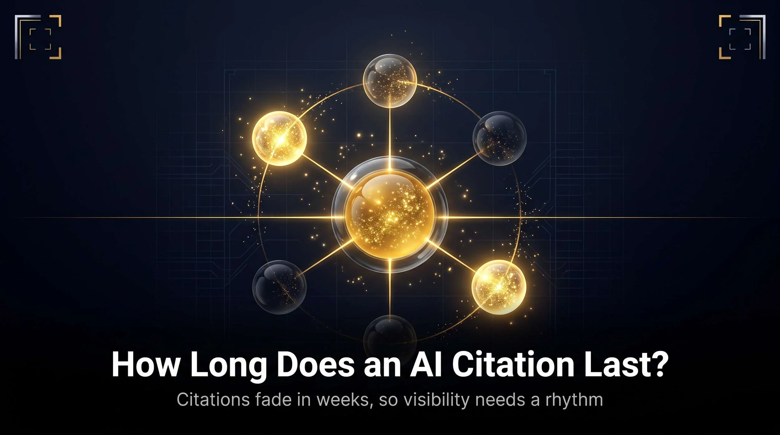 Glass hub with gold light radiating to six nodes, some glowing and some fading, showing how long an AI citation lasts before it fades.