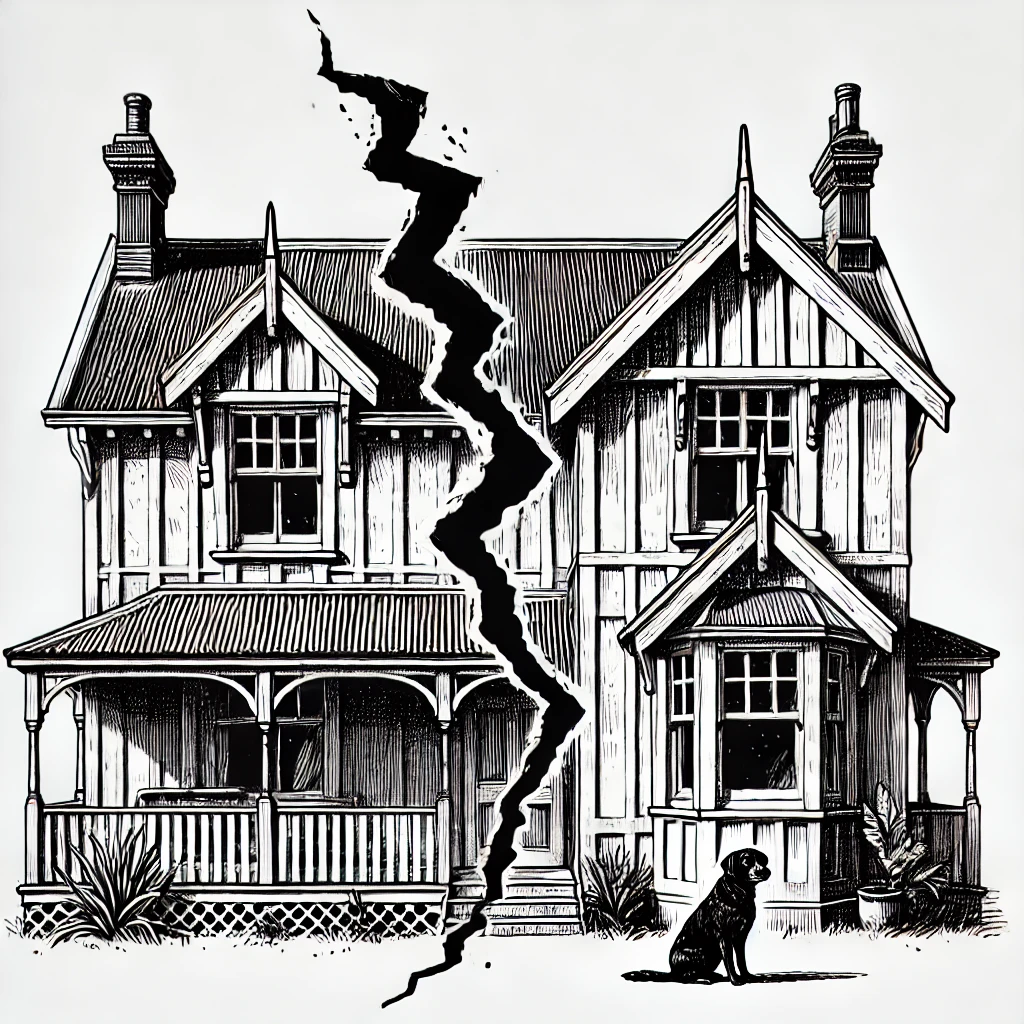 Picture of a house that is being split down the middle as a relation ends and the marry couple seperate and there is a dog in front of the house