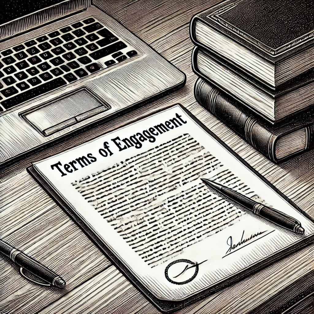 Picture of terms of engagement with a pen, laptop and law books on a table