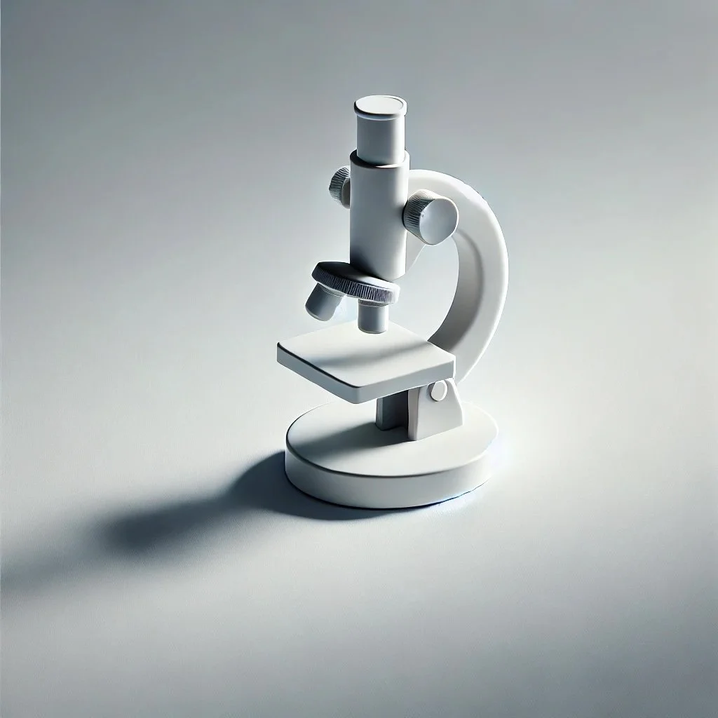 Minimalist white microscope model on a gray surface