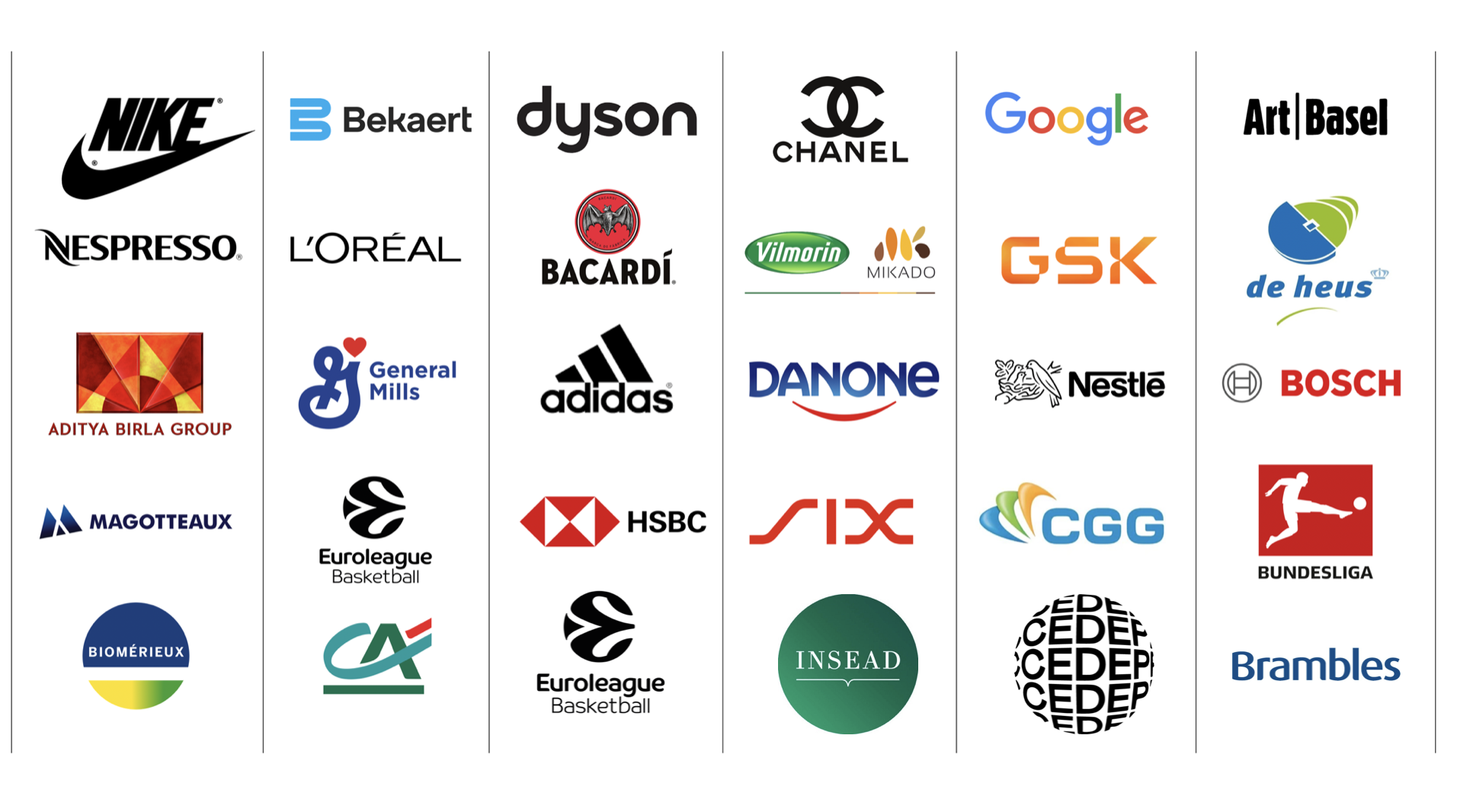 Collection of various company logos including Nike, Chanel, Google, Nestle, Adidas, GSK, Bosch, and others displayed in columns.