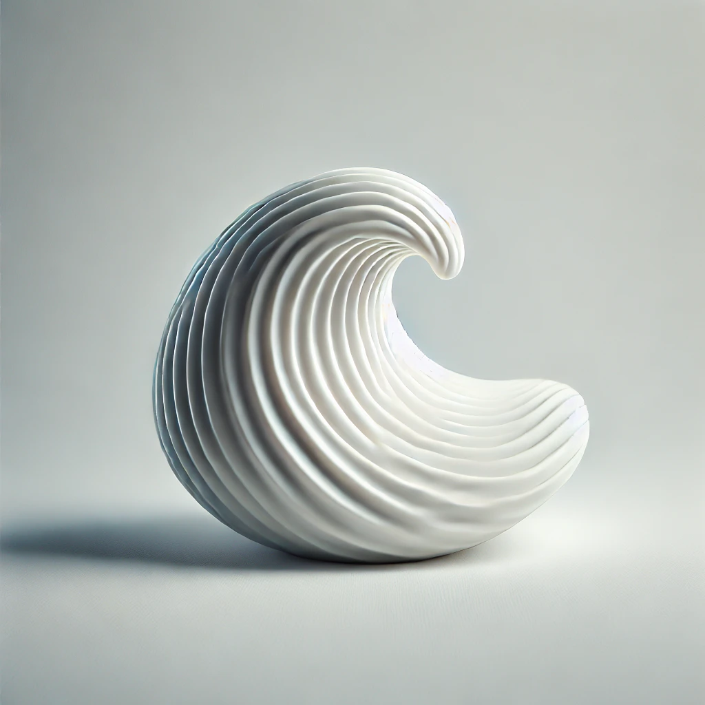 Abstract white sculpture resembling a wave with smooth, curved, layered design against a neutral background.