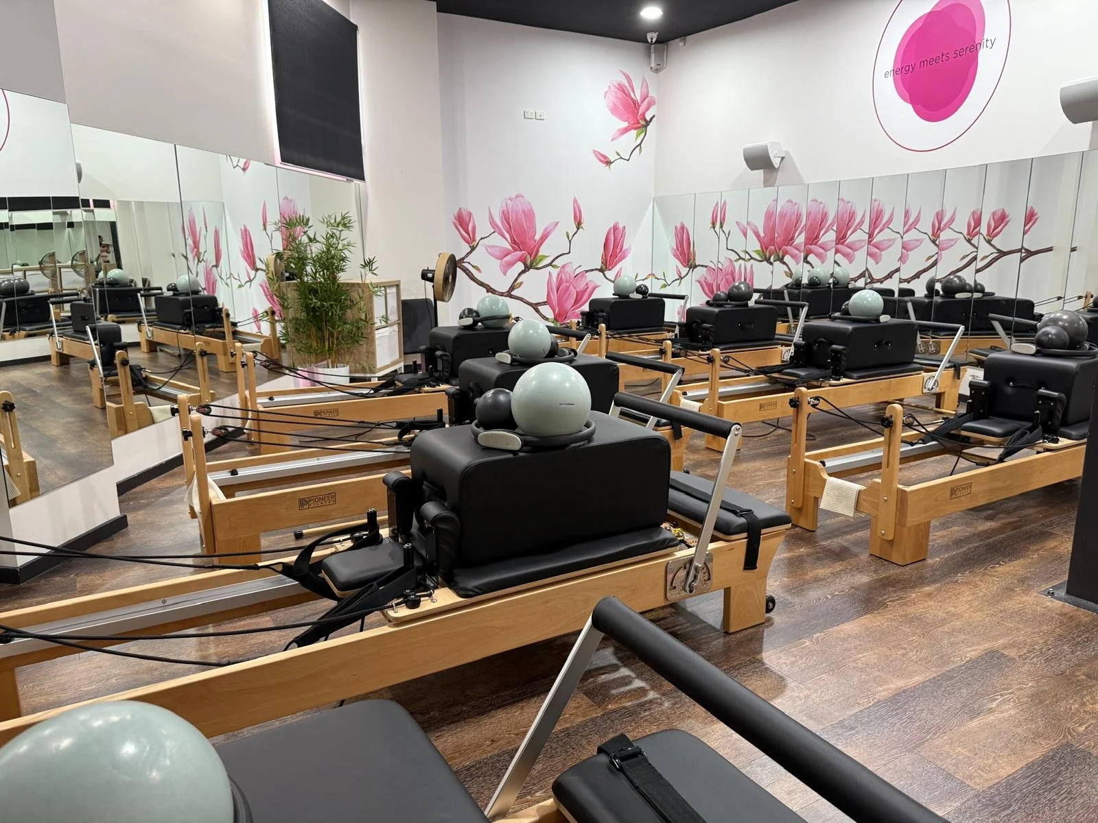 Interior of a Pilates studio with reformer machines, mirrors, wooden floor, and floral wall art.