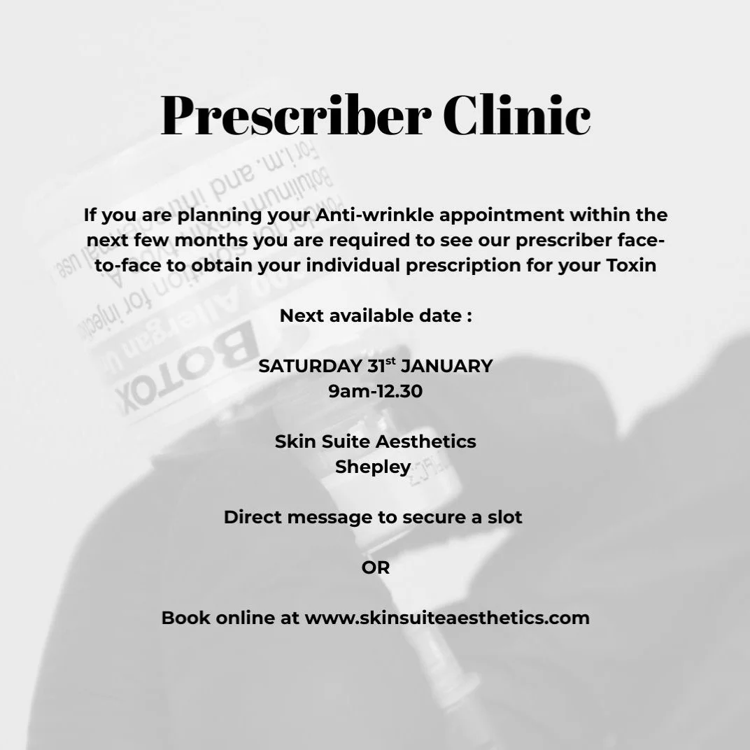 ~ P R E S C R I B E R  C L I N I C ~

Next available clinic for our Anti-Wrinkle prescriber is now live to book online

Please ensure you book to see the prescriber face to face for any upcoming Anti-wrinkle appts

Saturday 31st January 
Skin Suite, 