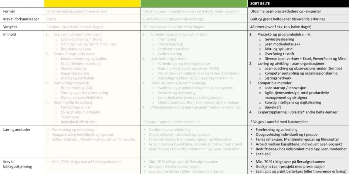 Et detaljert tabell med informasjon om Lean-prosjekt, inkludert mål, krav til kompetanse, varighet, innhold, læringsmetoder, og krav til beltegodkjenning.