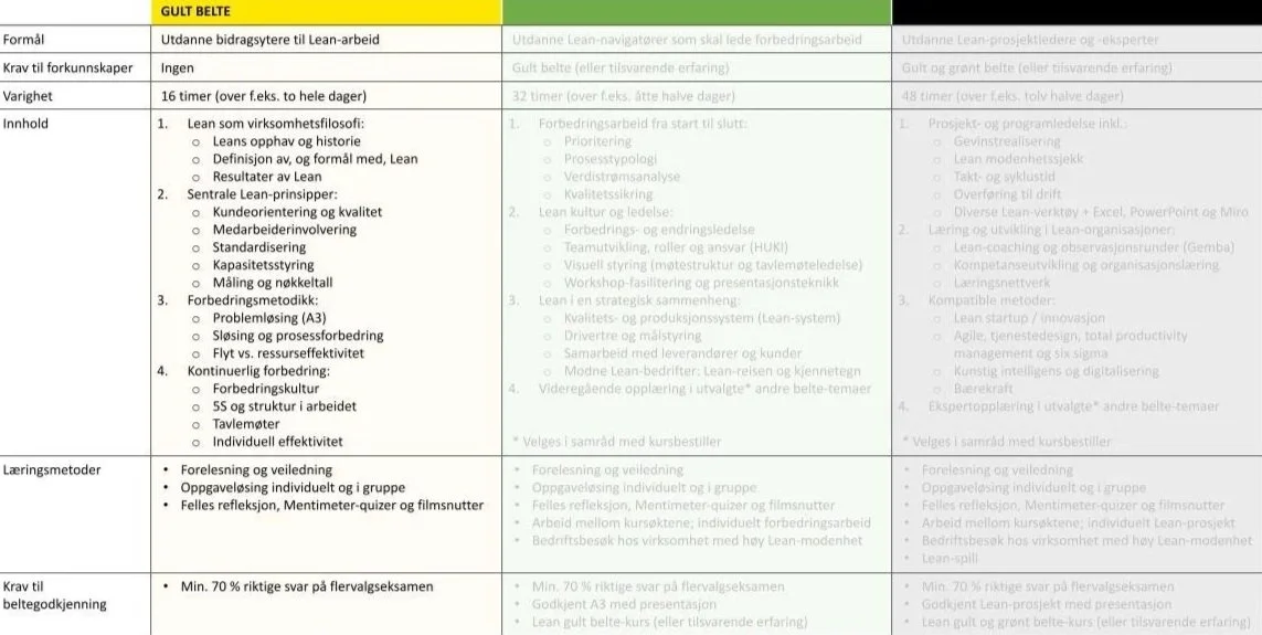 Et sammenlignende ark med gul- og grønnfargete kolonner og tekst om Lean-arbeid, utdanning, varighet og innhold.