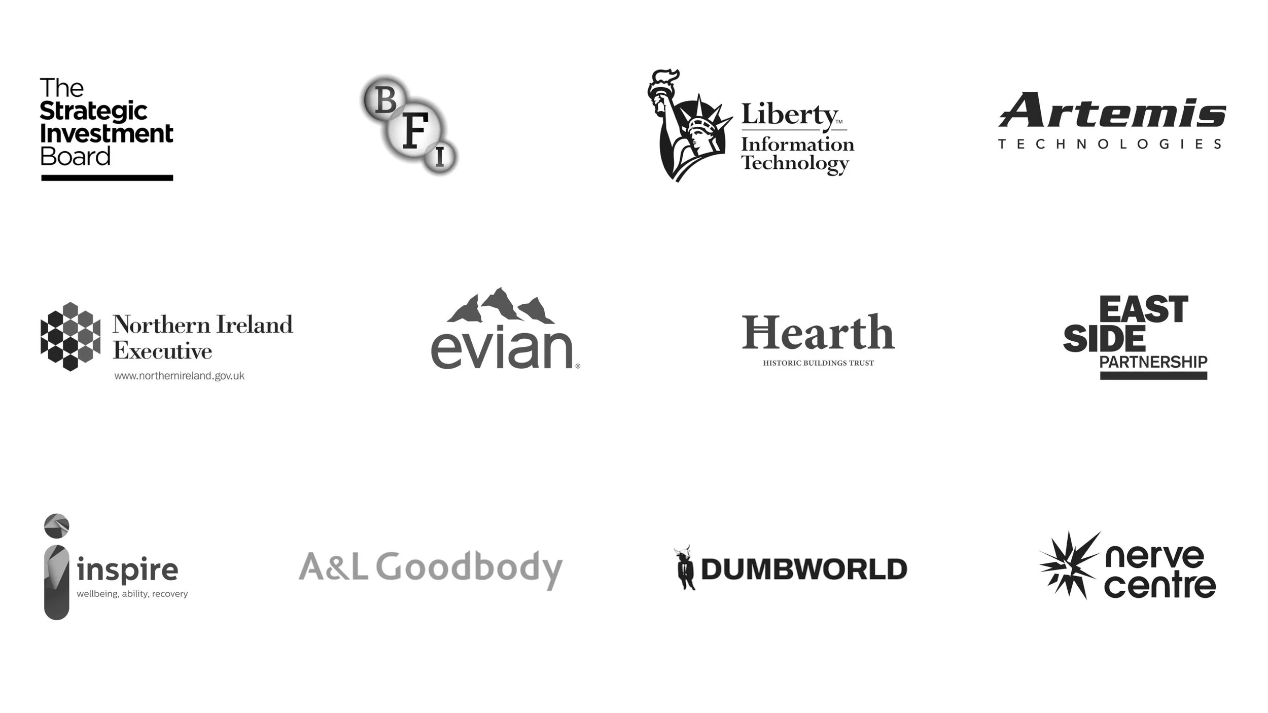 Collection of logos of various organizations and companies, including the Strategic Investment Board, Liberty Information Technology, Artemis Technologies, Northern Ireland Executive, Evian, Hearth Historic Buildings Trust, East Side Partnership, inspire wellbeing, A&L Goodbye, DUMBWORLD, and nerve centre.