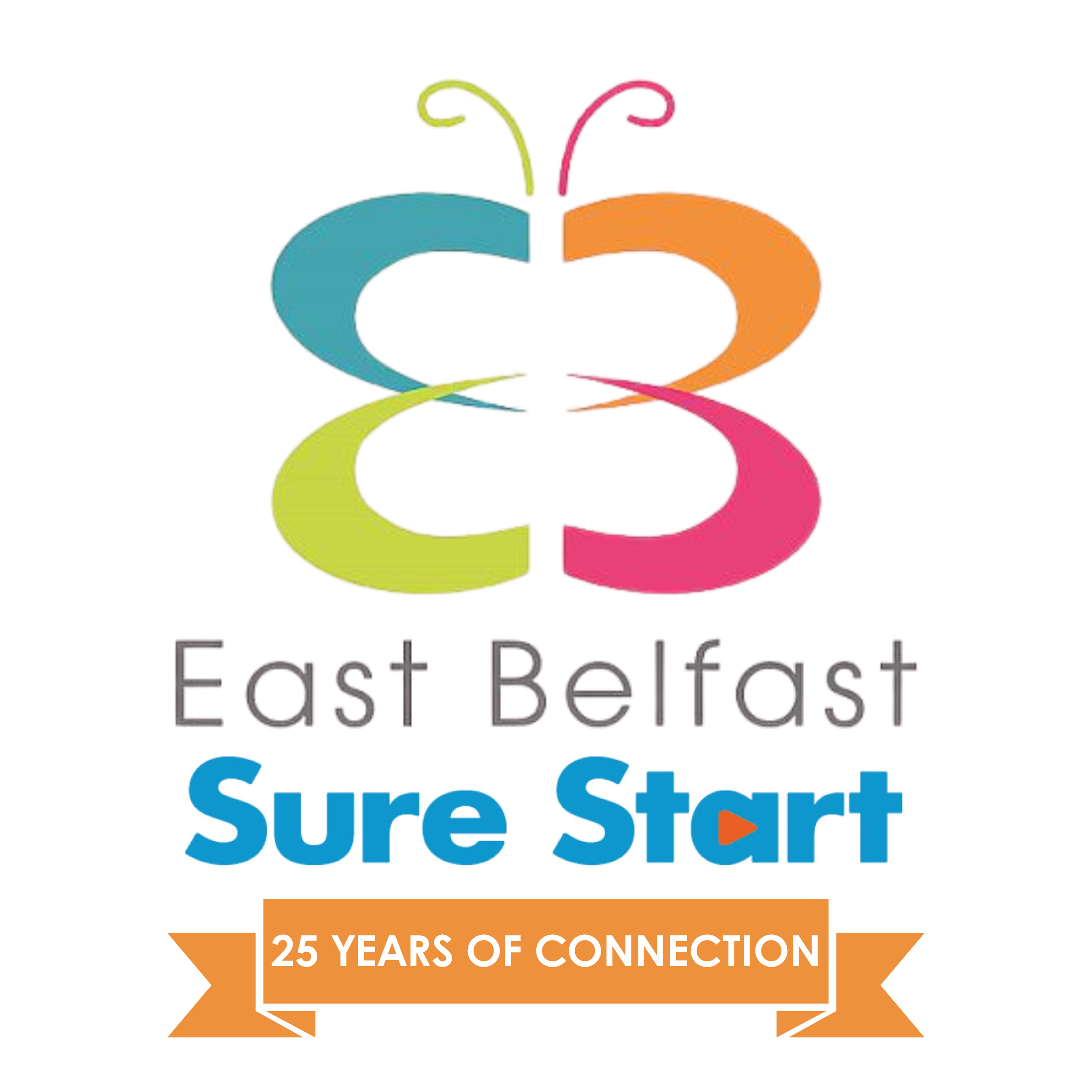 Colored logo with the text 'East Bel Fast' and 'Surf St' and a ribbon banner with the text '25 Years of Connection'