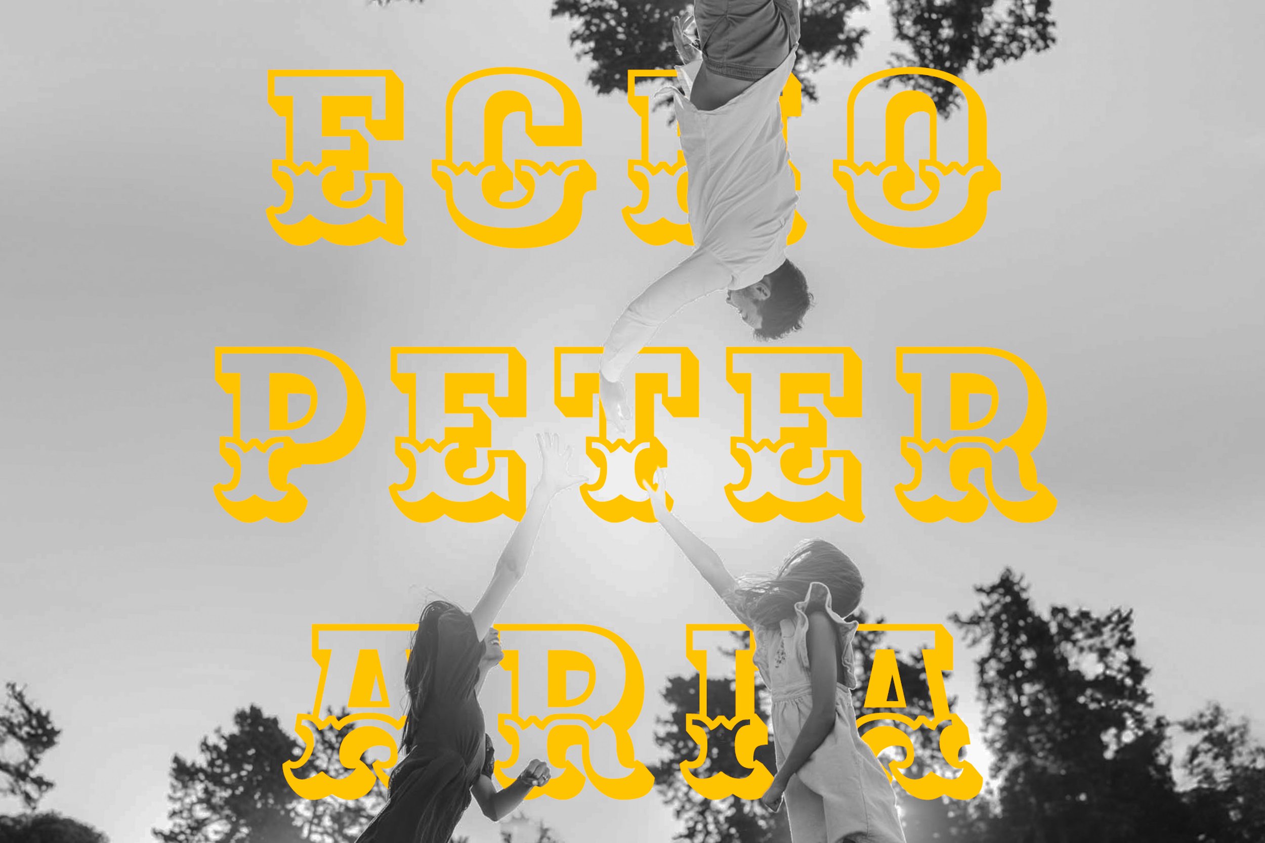 Three people jumping outdoors with trees in the background, with yellow outlined text that reads "ECHO PETER ARIA" overlaid on the black-and-white photo.