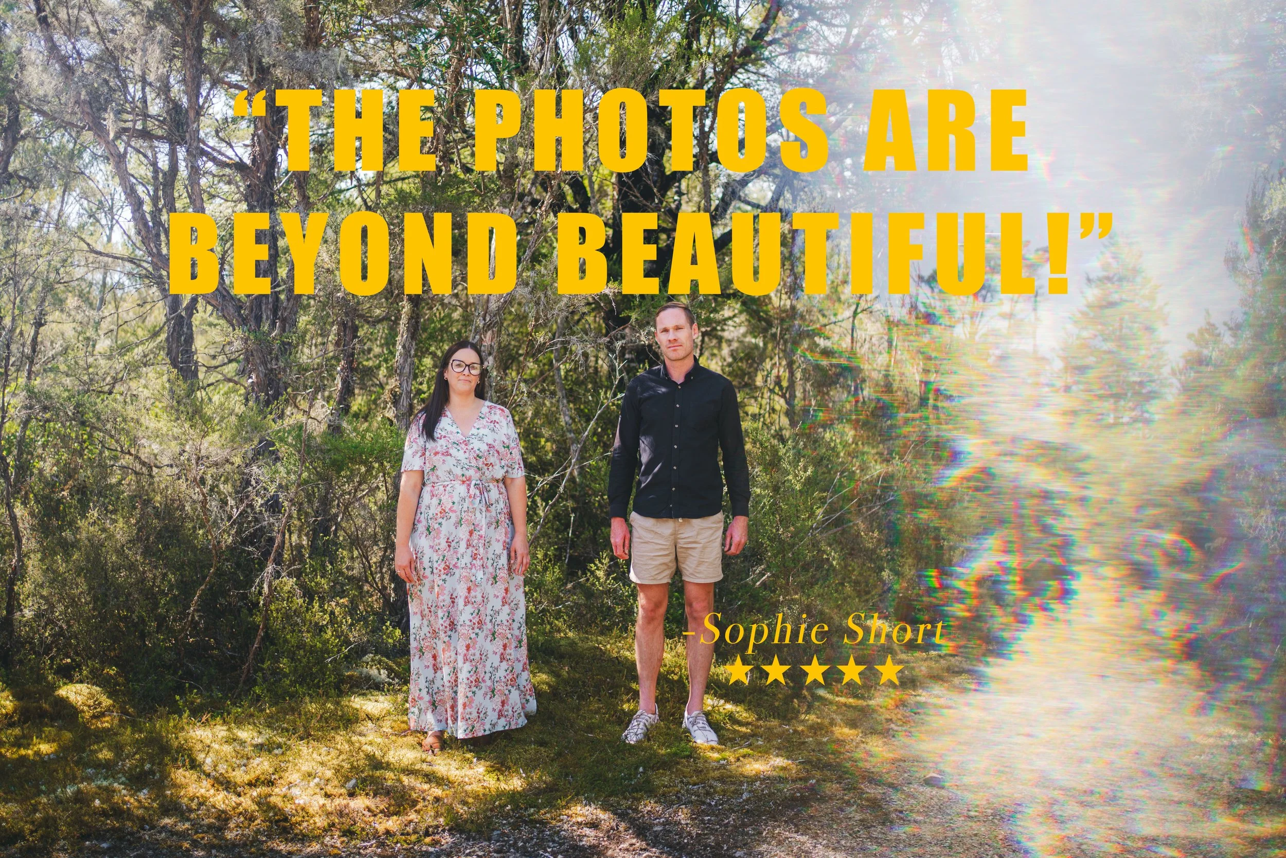 Two people standing in a wooded outdoor area, one woman in a patterned long dress and one man in a black shirt and khaki shorts. An overlay quote states 'The photos are beyond beautiful!' by Sophie Short, with a 5-star rating.