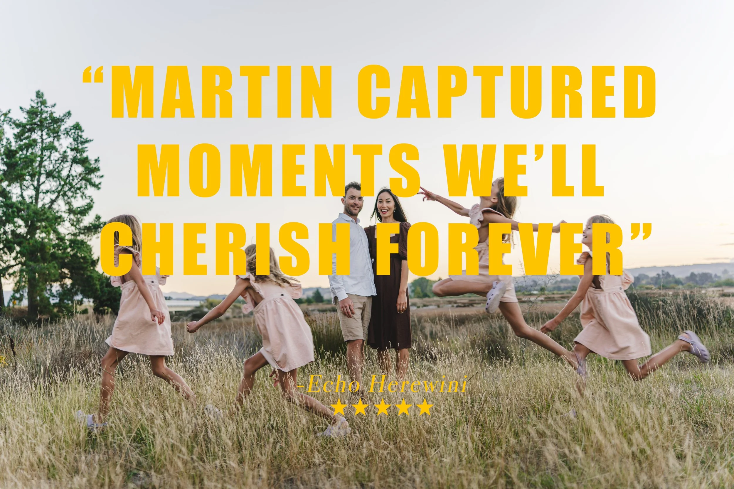 A family of five enjoying a playful moment in a field with tall grass, trees, and a sunset sky in the background, with a quote overlay about cherishing captured moments.