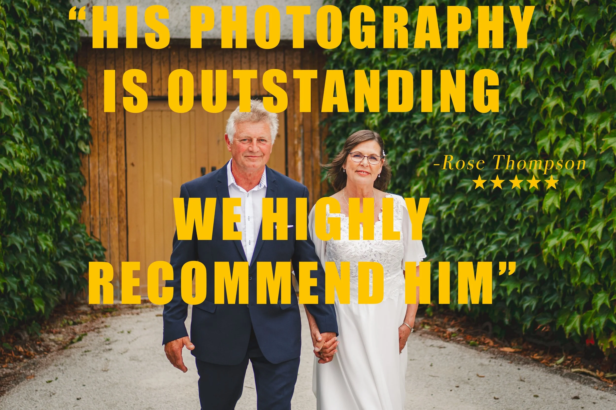 A man and woman holding hands outdoors, dressed in formal attire, standing in front of a wooden door and green foliage, with an overlaid quote in bold yellow text.