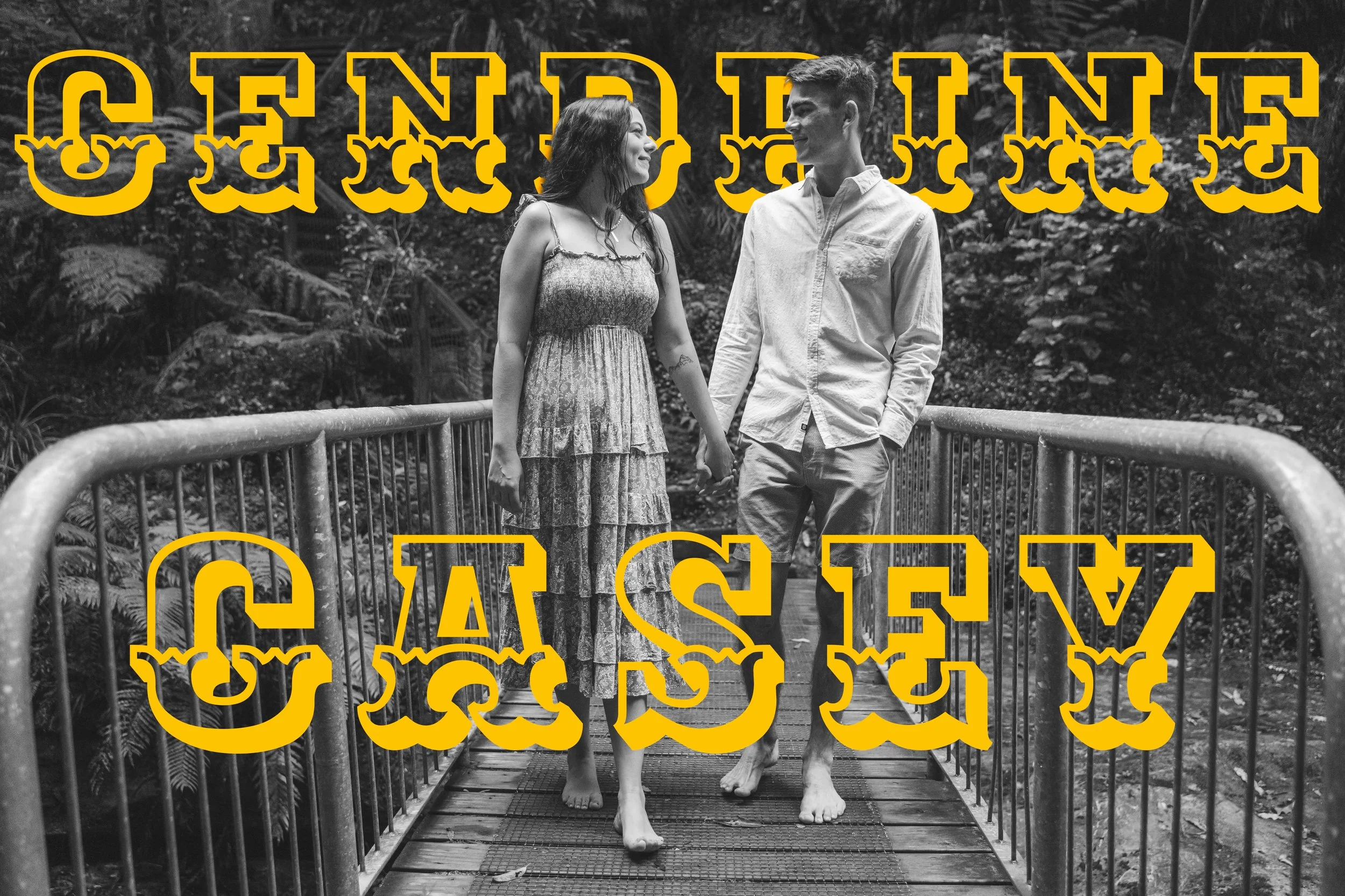 A black and white photo of a young couple holding hands and walking barefoot on a bridge in a natural setting, with the words "CENDRINE CASSEY" overlaid in yellow stylized text.
