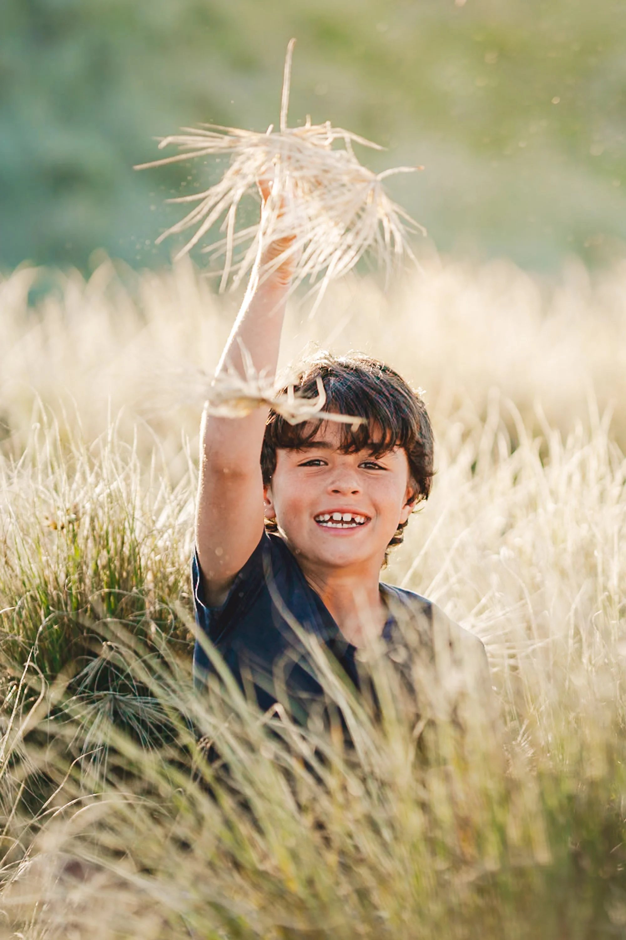 Smiling boy in a field holding up a handful of dried grass or straw, with sunlight illuminating the scene.