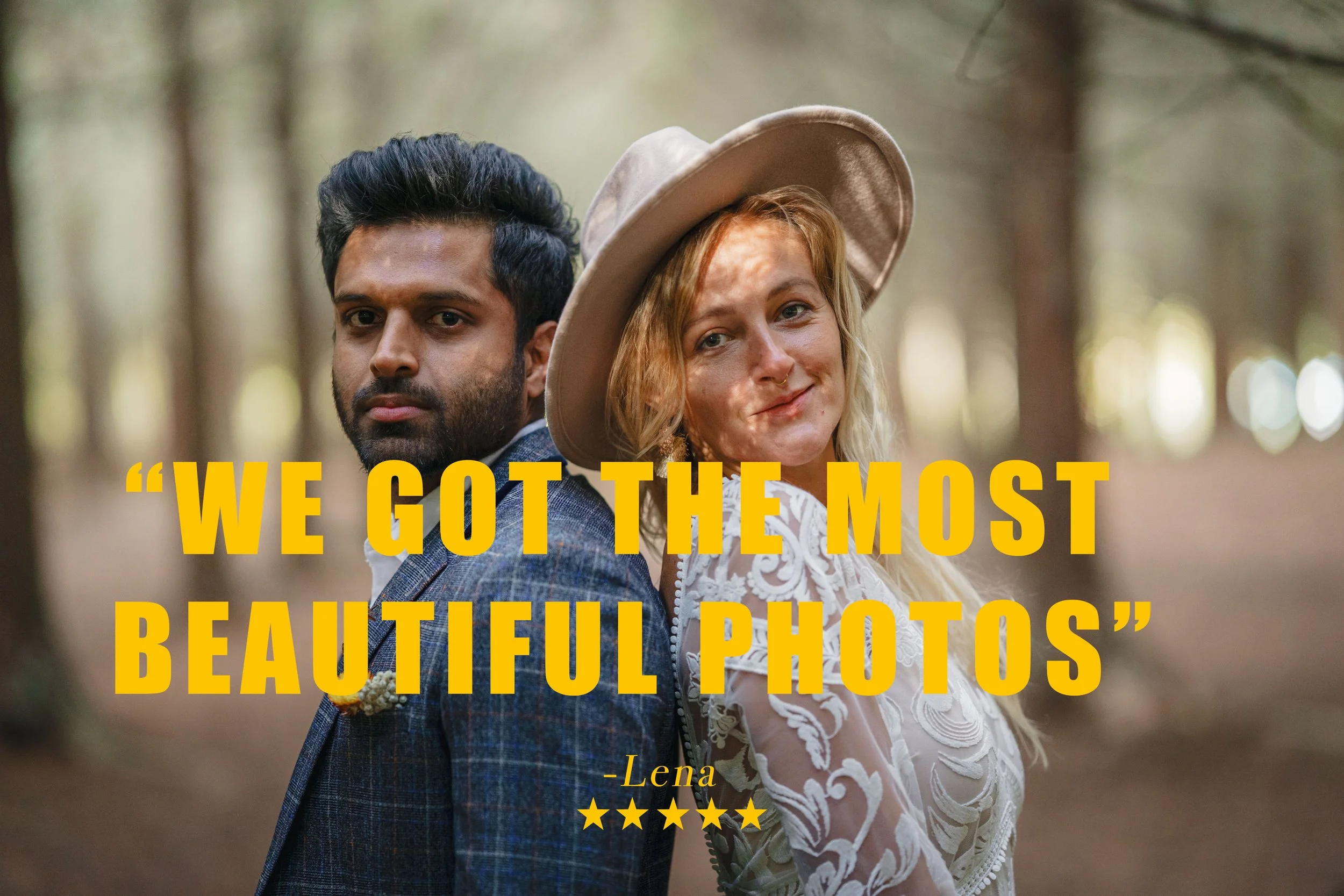 A multicultural couple standing back-to-back outdoors in a forest, dressed in stylish clothing, with a quote overlaid that reads, 'We got the most beautiful photos,' attributed to Lena with four yellow stars.