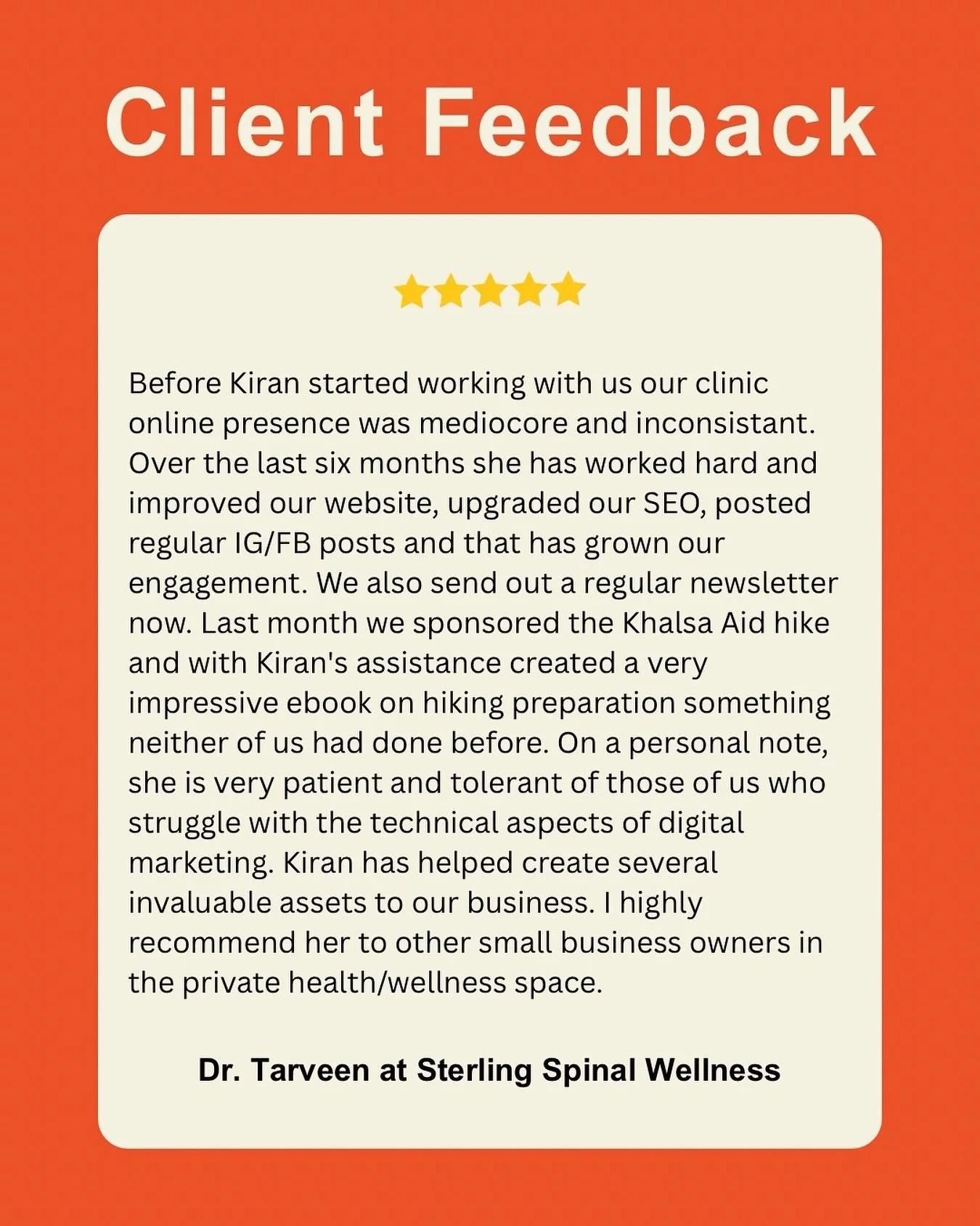 Review alert 🥰

Thank you @drtarveen for giving me an opportunity to help you with SEO, Google Ads, Email Marketing, Social Media Posts and Events. I wouldn't be where I am today if you hadn&rsquo;t said yes.

I have enjoyed helping @sterlingspinalw