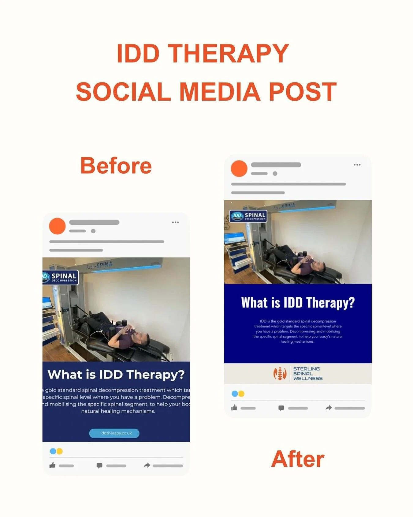 A picture is worth a thousand words, and a well-branded one speaks volumes. 👀

See the transformation in this before and after IDD Therapy social media post. 🪄

To ensure their brand stands out I updated the colours, integrated their logo, and used