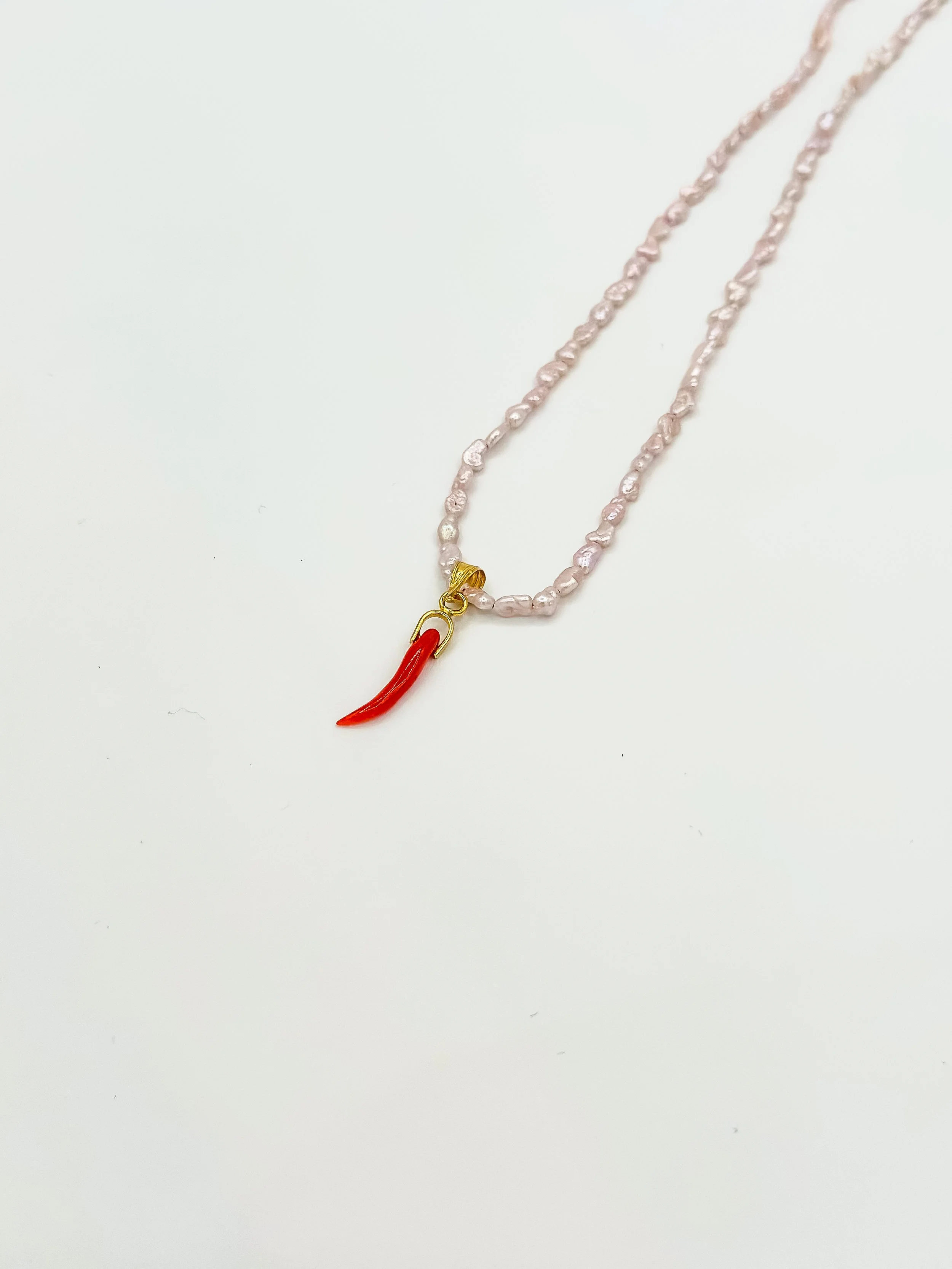 Baroque Pearl Necklace with Italian Red Coral Cornicello Pendant & 18K Gold Clasp