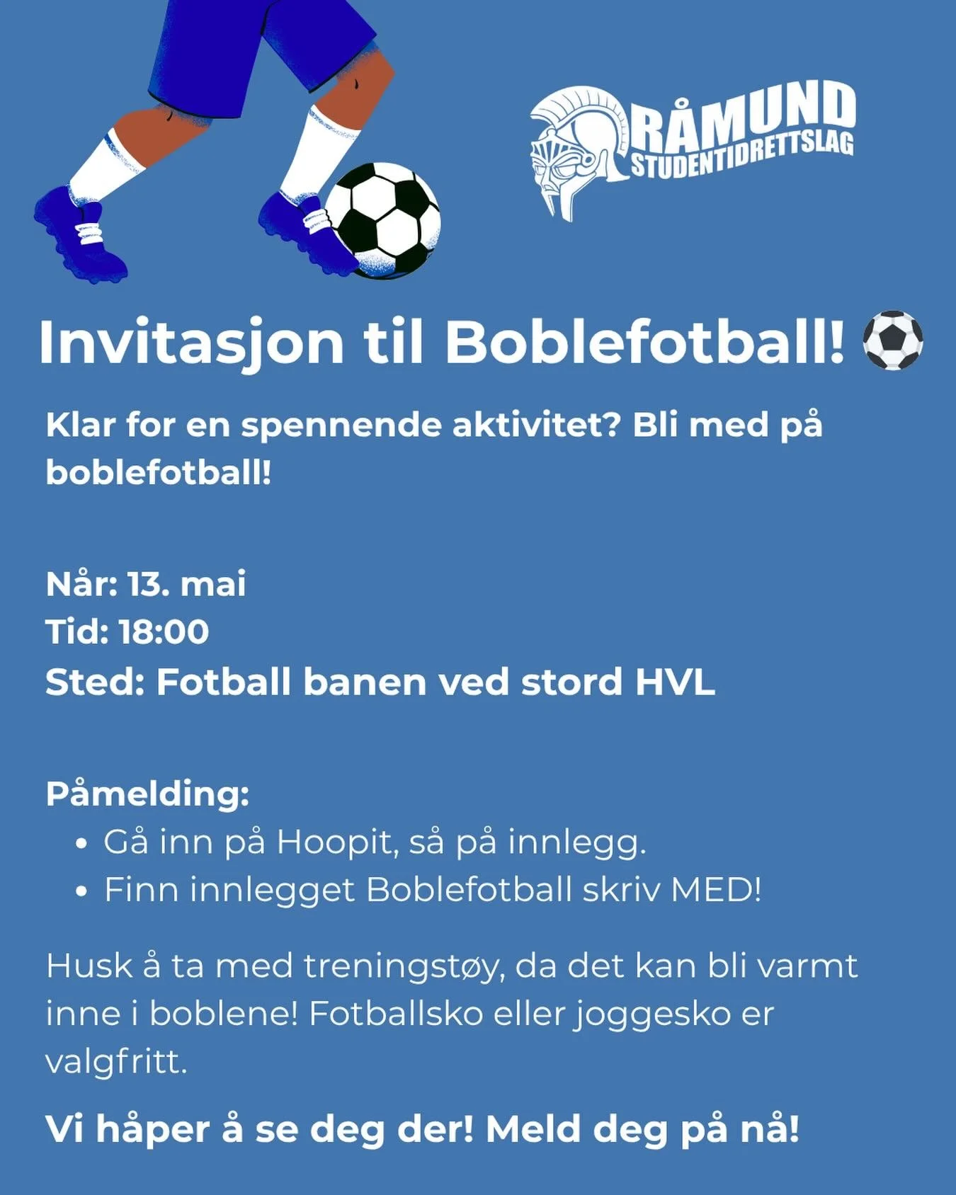 Hei alle sammen!💙⚽️

Bli med p&aring; bobblefotball 13. mai kl. 18:00! ⚽

Det blir action, latter og garantert god stemning. Deilig med et lite avbrekk fra hverdagen og f&aring; v&aelig;rt litt i aktivitet sammen 🙌 H&aring;per vi sees!