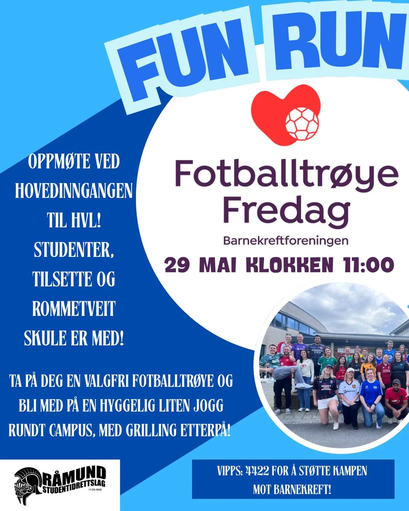 P&aring; fredag er det fotballtr&oslash;yefredag!❤️ Da er det kun en ting &aring; gj&oslash;re, ta p&aring; deg fotballdrakt, send en vipps til 4422 og bli med p&aring; et lite fun run rundt Campus! Arrangementet er for alle p&aring; HVL og vi har og