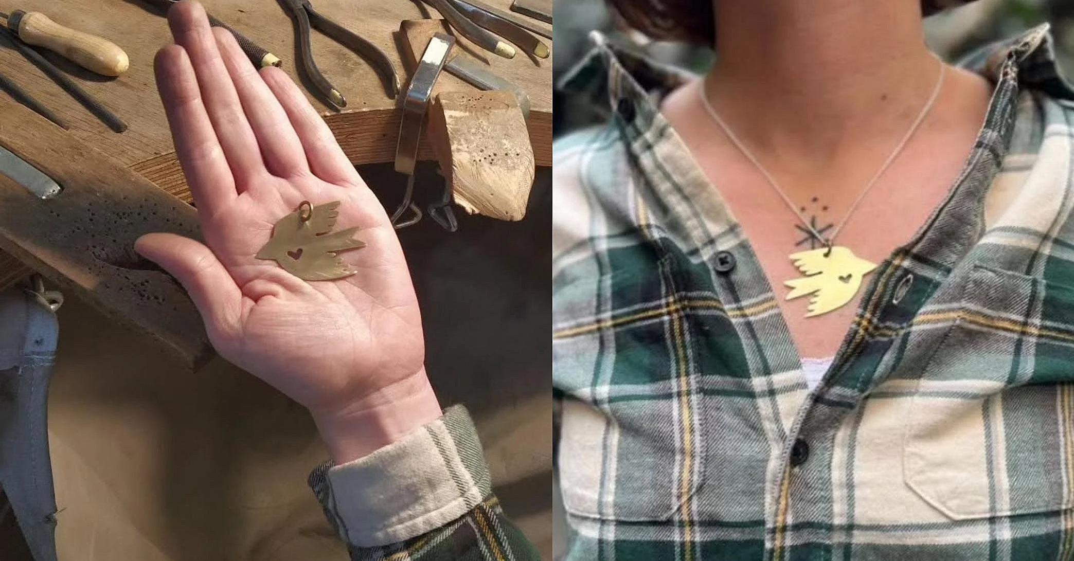 Left side shows a hand holding a gold-colored bird-shaped pendant with a small heart cutout, in a jeweler's  workshop with tools on a wooden workbench. Right side shows a person wearing the same pendant necklace, dressed in a plaid shirt.