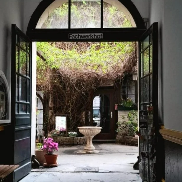 View through open wooden dark green doors to a small courtyard with a fountain, potted flowers, and a large tree with sprawling branches and vines.