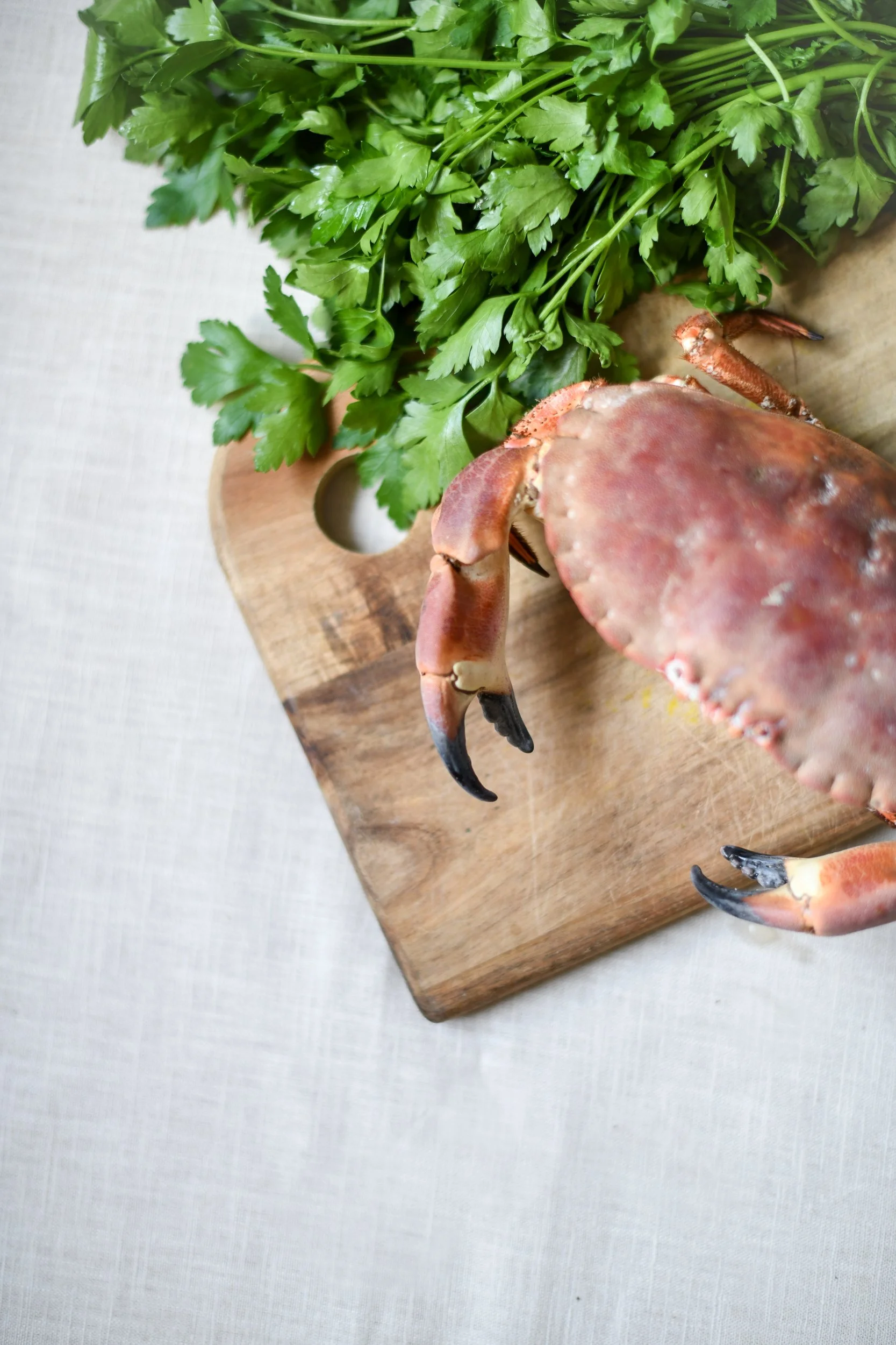 Fresh parsley bunch and a cooked crab on a wooden cutting board.