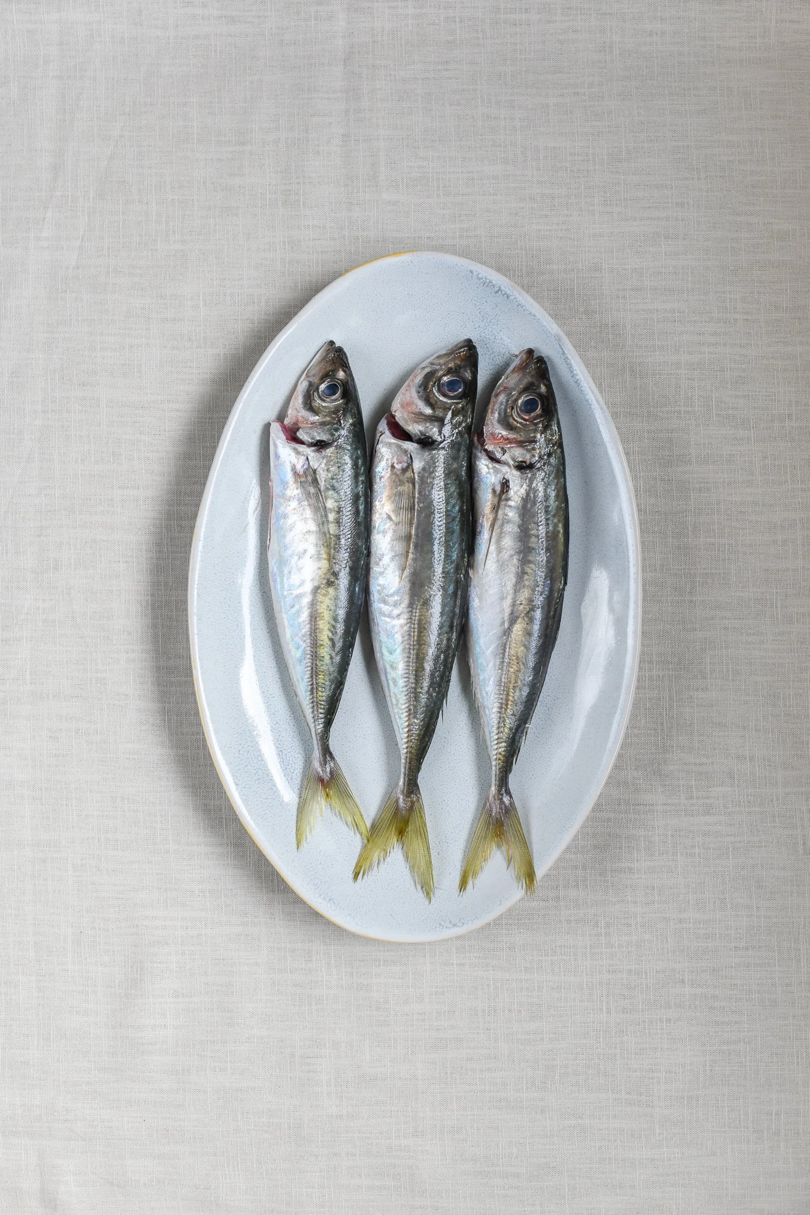 Three raw fish on a white oval plate placed on a light-colored fabric surface.
