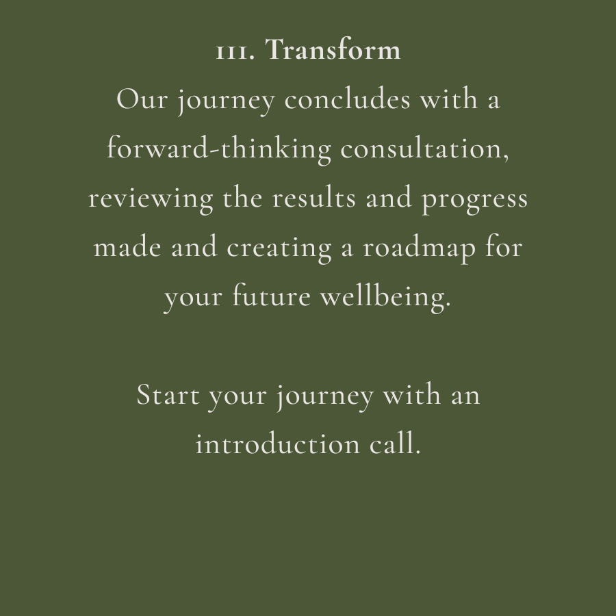 Text on a green background discussing a journey of transformation, reviewing results, creating a roadmap for future wellbeing, and suggesting starting with an introduction call.