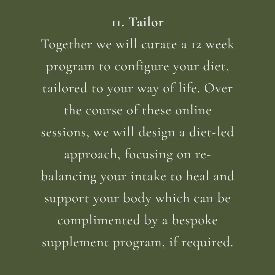 Text about a 12-week online program to create a personalized diet, focusing on rebalancing intake to promote healing and body support, with tailored supplement recommendations.