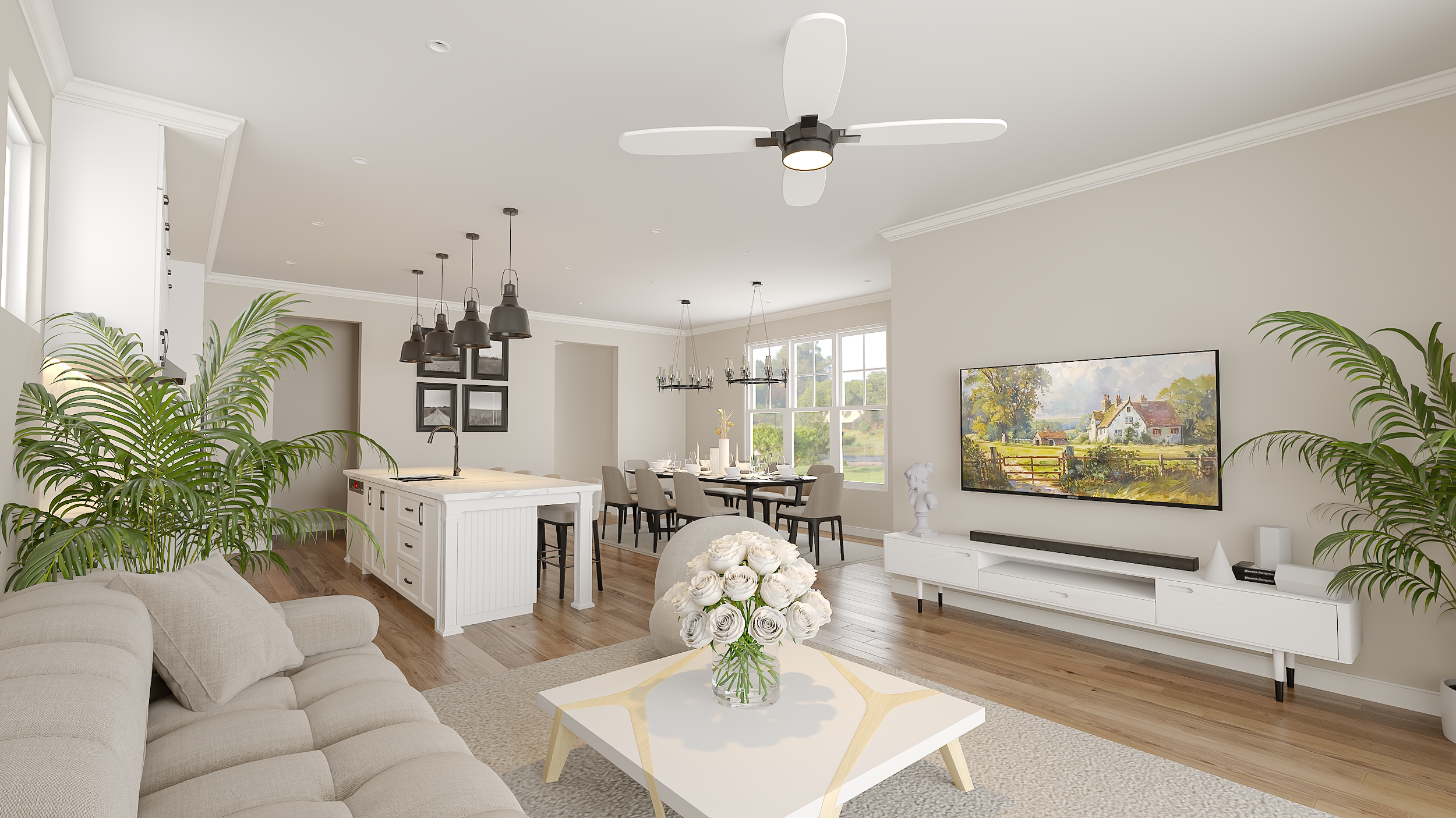 Sample Interior Rendering - Family Room, Kitchen & Dining Area