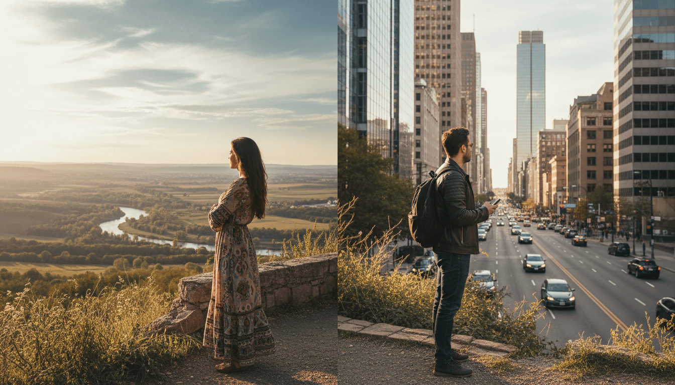 Side view of a woman standing on a hilltop overlooking a river and countryside during sunset on the left, and a man standing on a city street using his phone amid tall buildings and traffic on the right.
