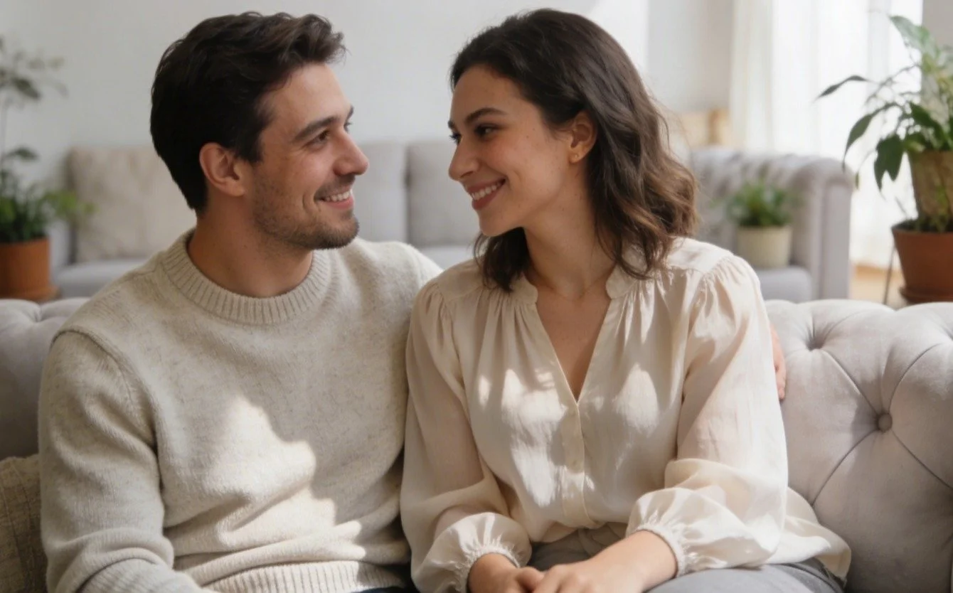 A smiling couple sitting closely on a light-colored sofa in a cozy, well-lit living room with plants and a couch in the background.