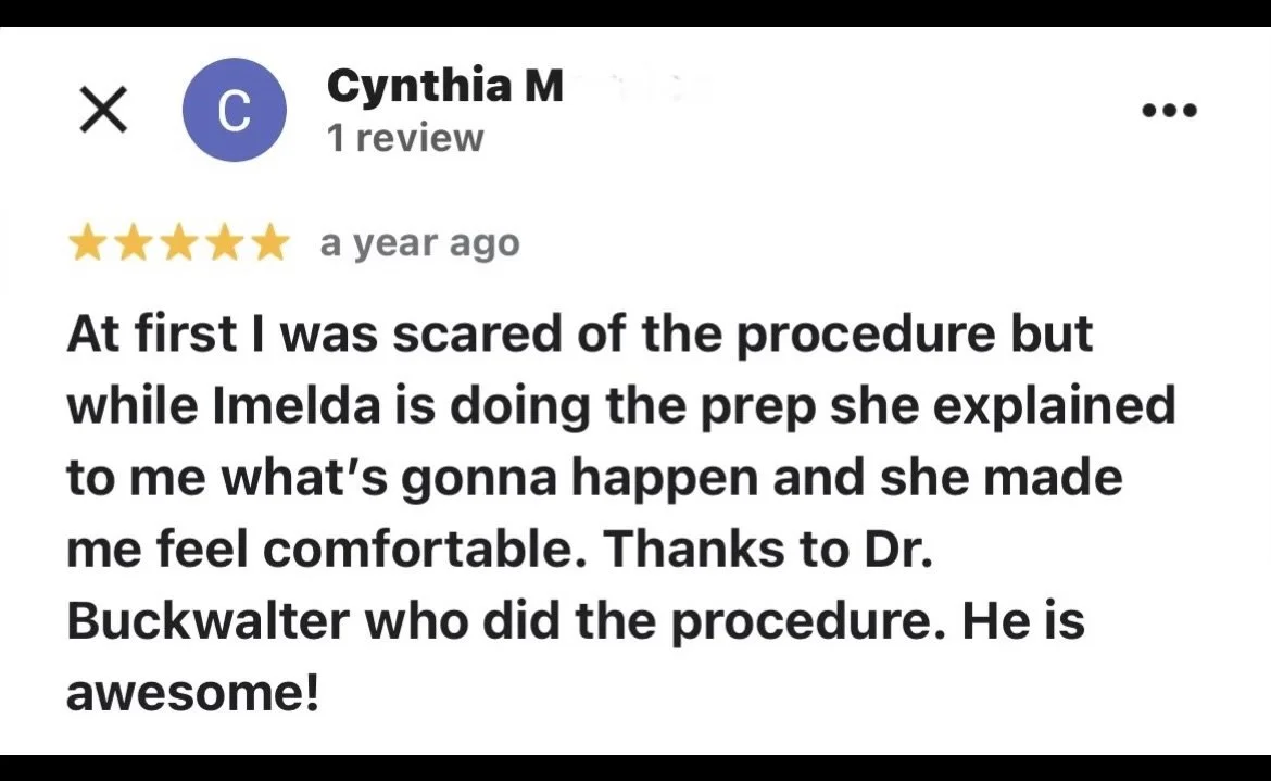 Five-star patient review, describing positive experience with the doctor's care and professionalism in the treatment of varicose veins.